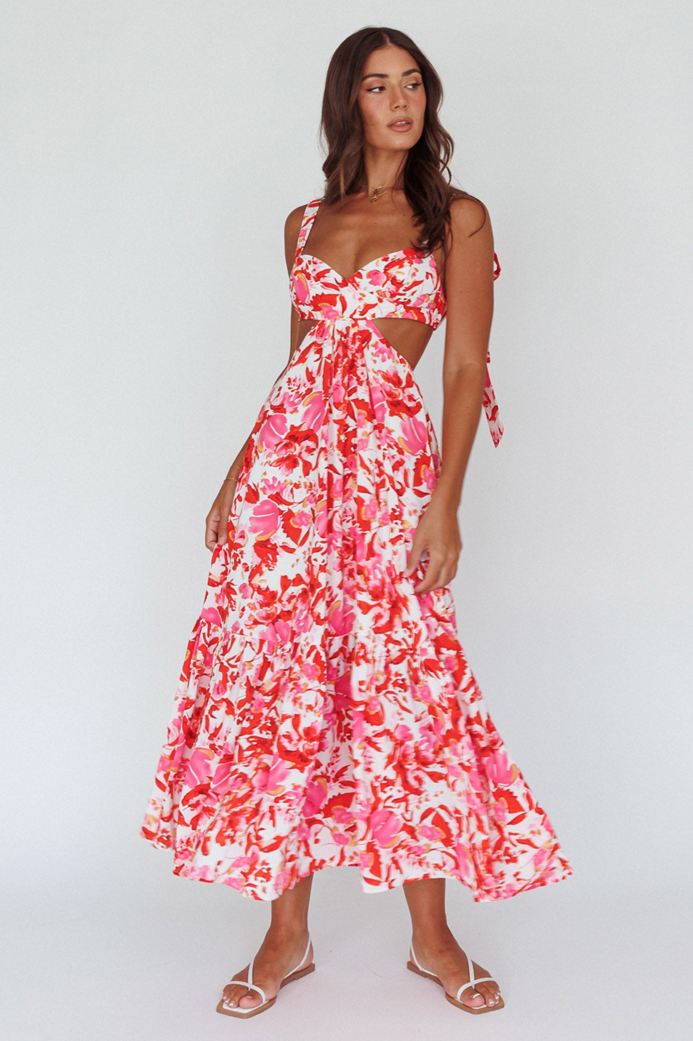 Sun Seeker Tied Shoulder Cut-Out Maxi Dress Floral Red-Maymioy