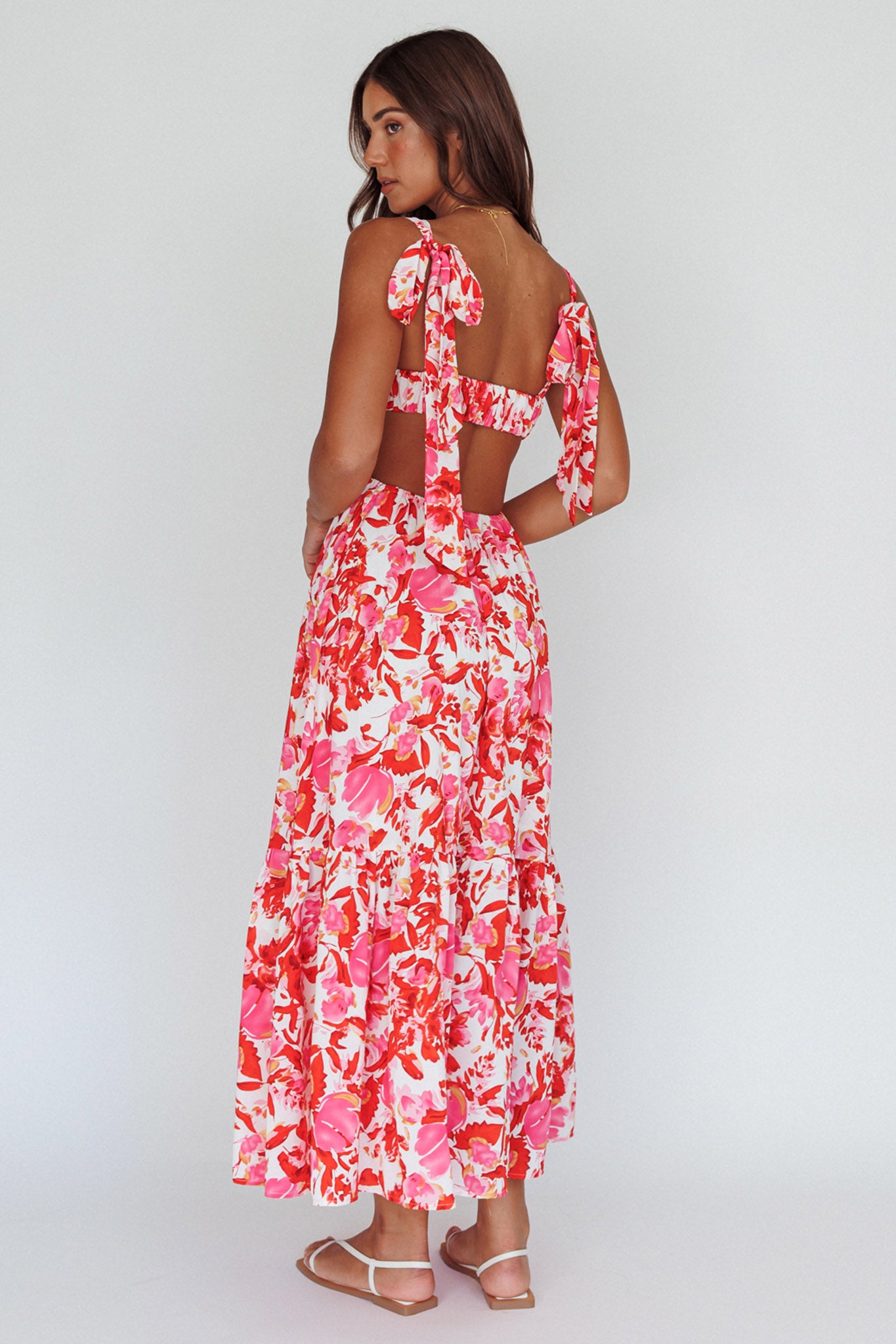 Sun Seeker Tied Shoulder Cut-Out Maxi Dress Floral Red-Maymioy