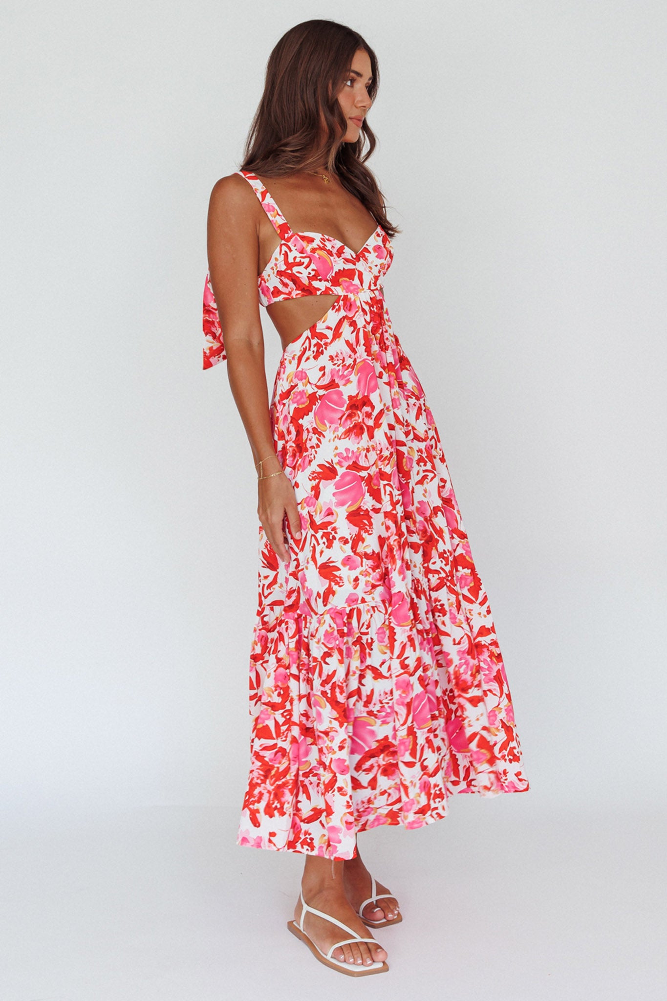 Sun Seeker Tied Shoulder Cut-Out Maxi Dress Floral Red-Maymioy
