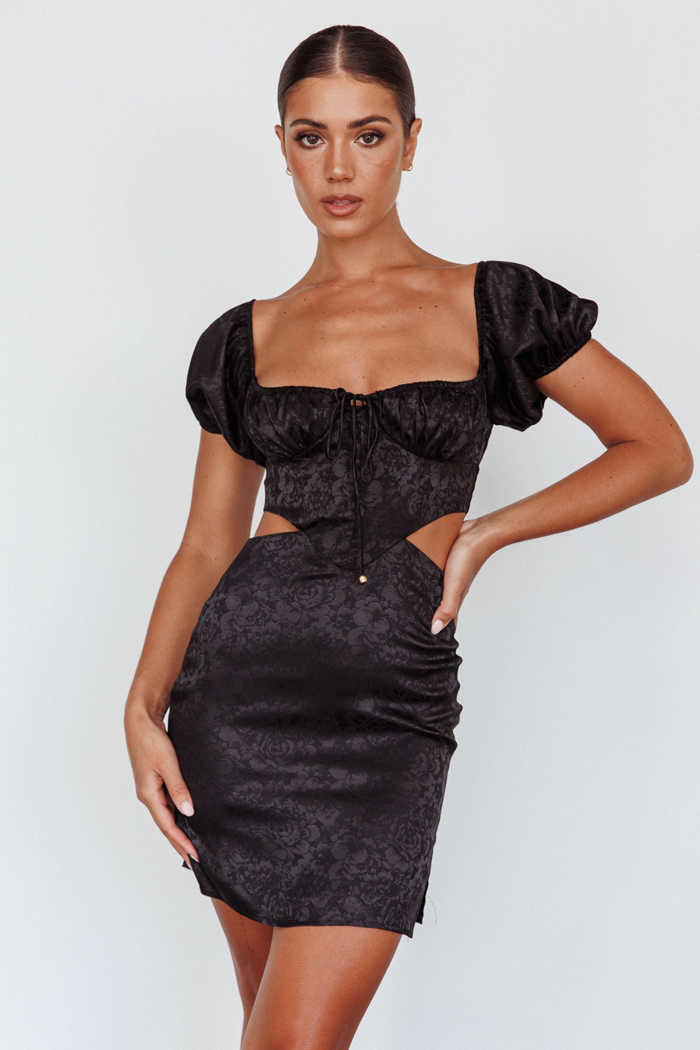 Eryn Puff Sleeve Jacquard Mini Dress Black-Maymioy