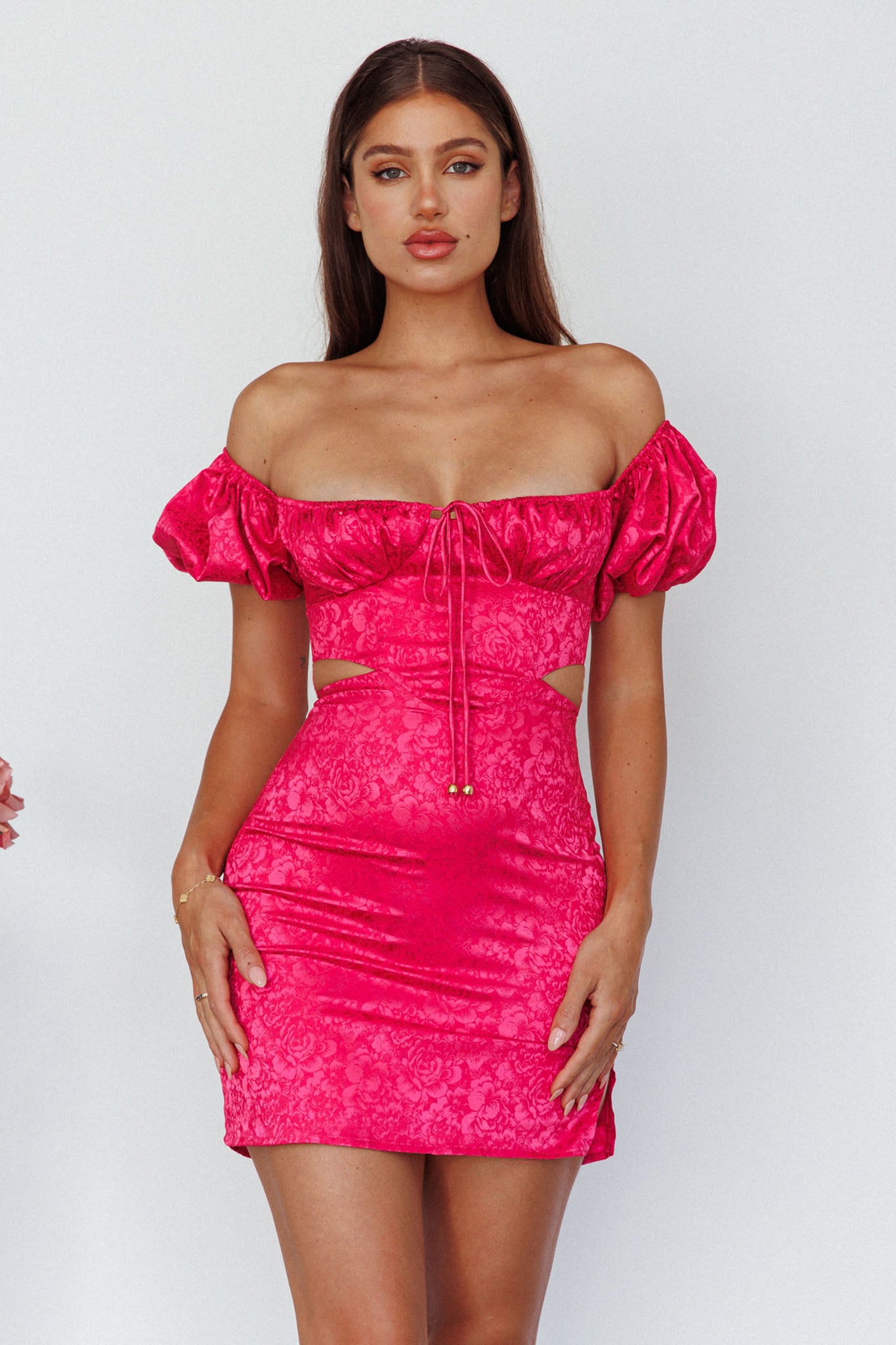 Eryn Puff Sleeve Jacquard Mini Dress Hot Pink-Maymioy