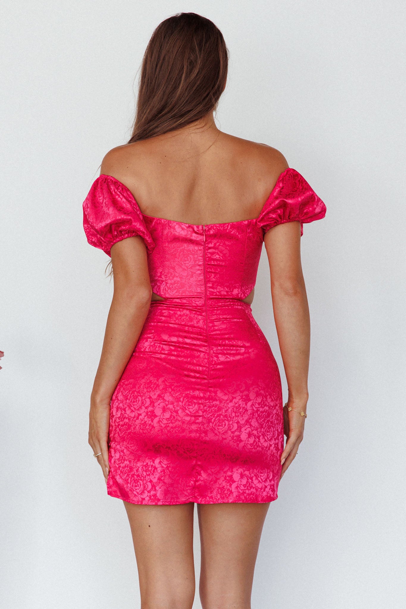 Eryn Puff Sleeve Jacquard Mini Dress Hot Pink-Maymioy