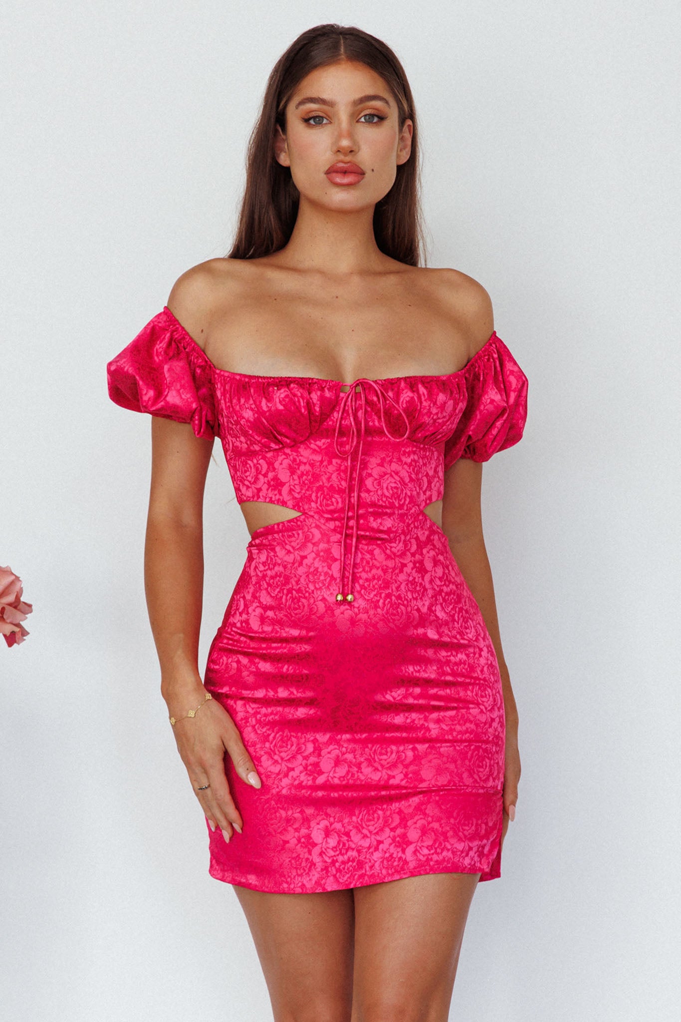 Eryn Puff Sleeve Jacquard Mini Dress Hot Pink-Maymioy