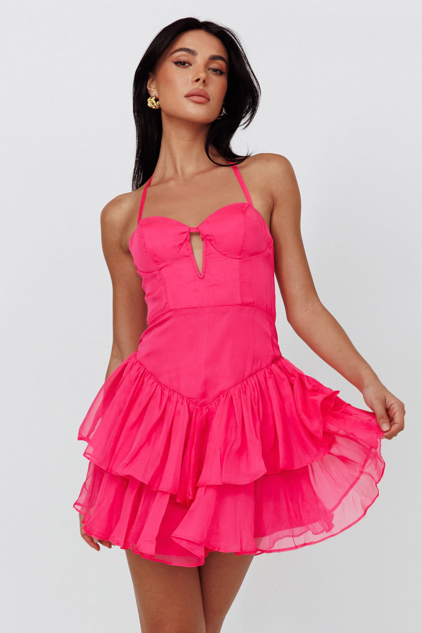 Tuscan Summer Flounce Mini Dress Hot Pink-Maymioy