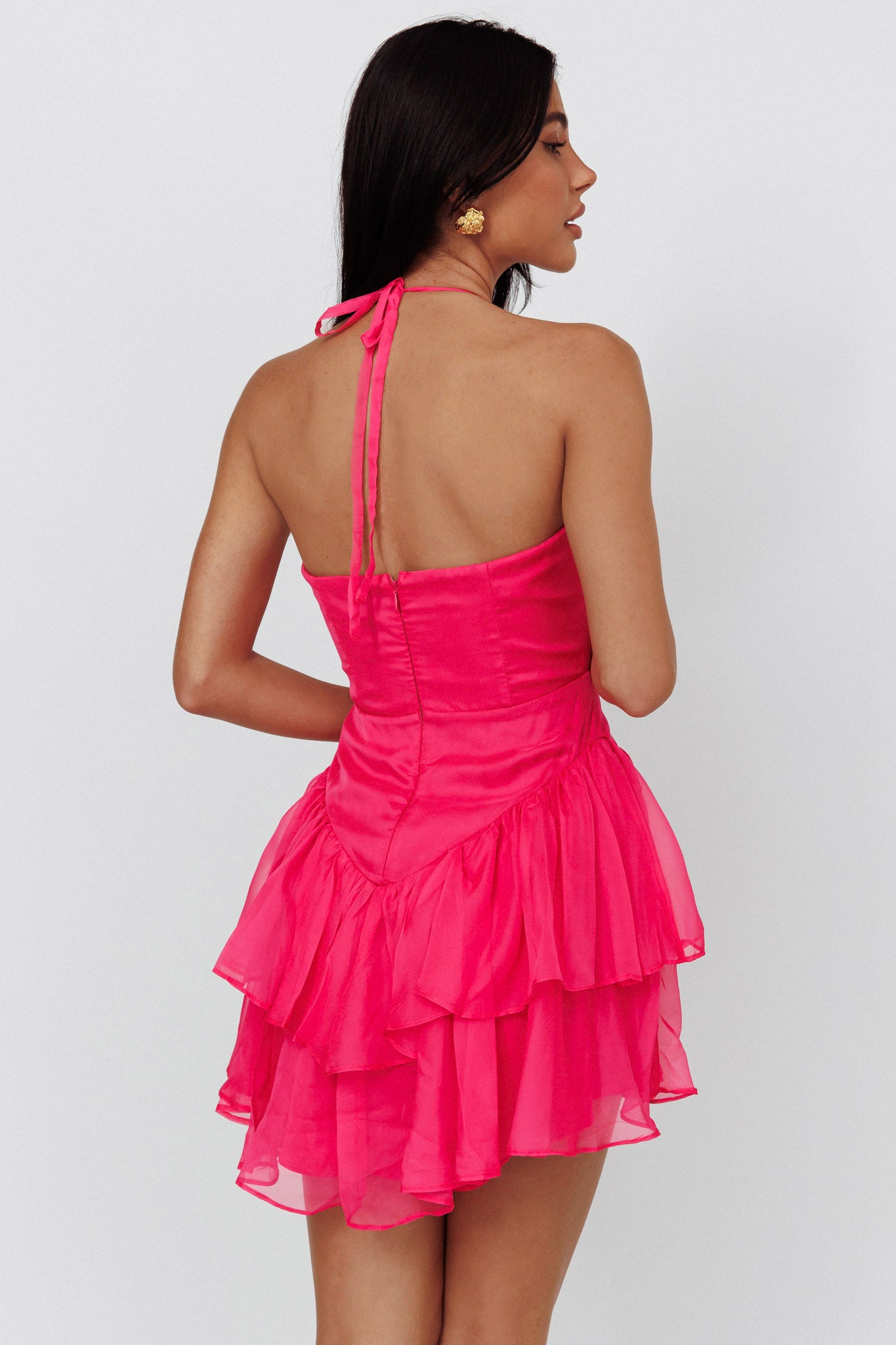 Tuscan Summer Flounce Mini Dress Hot Pink-Maymioy