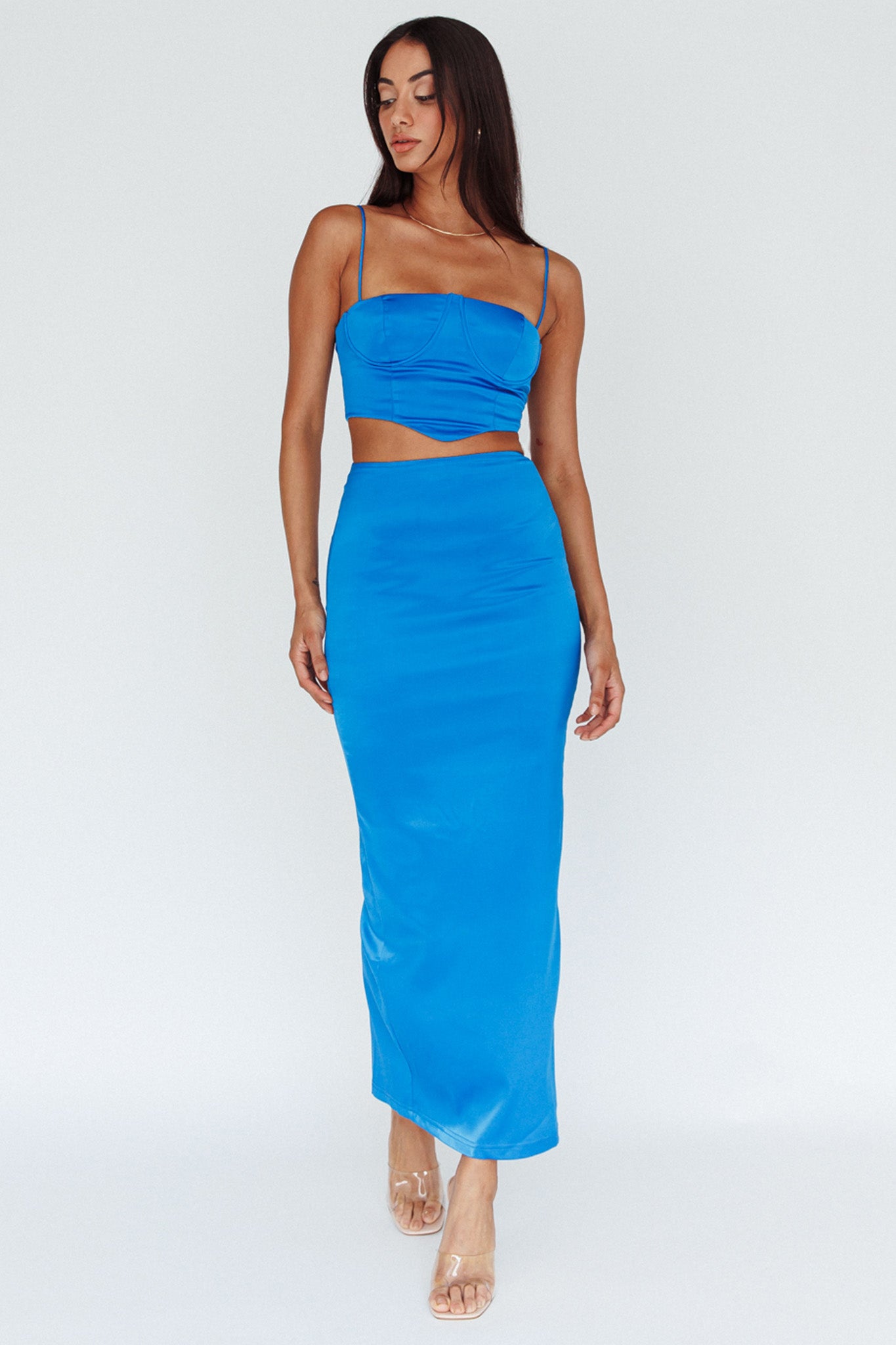 Zeina Satin Midi Skirt Blue-Maymioy