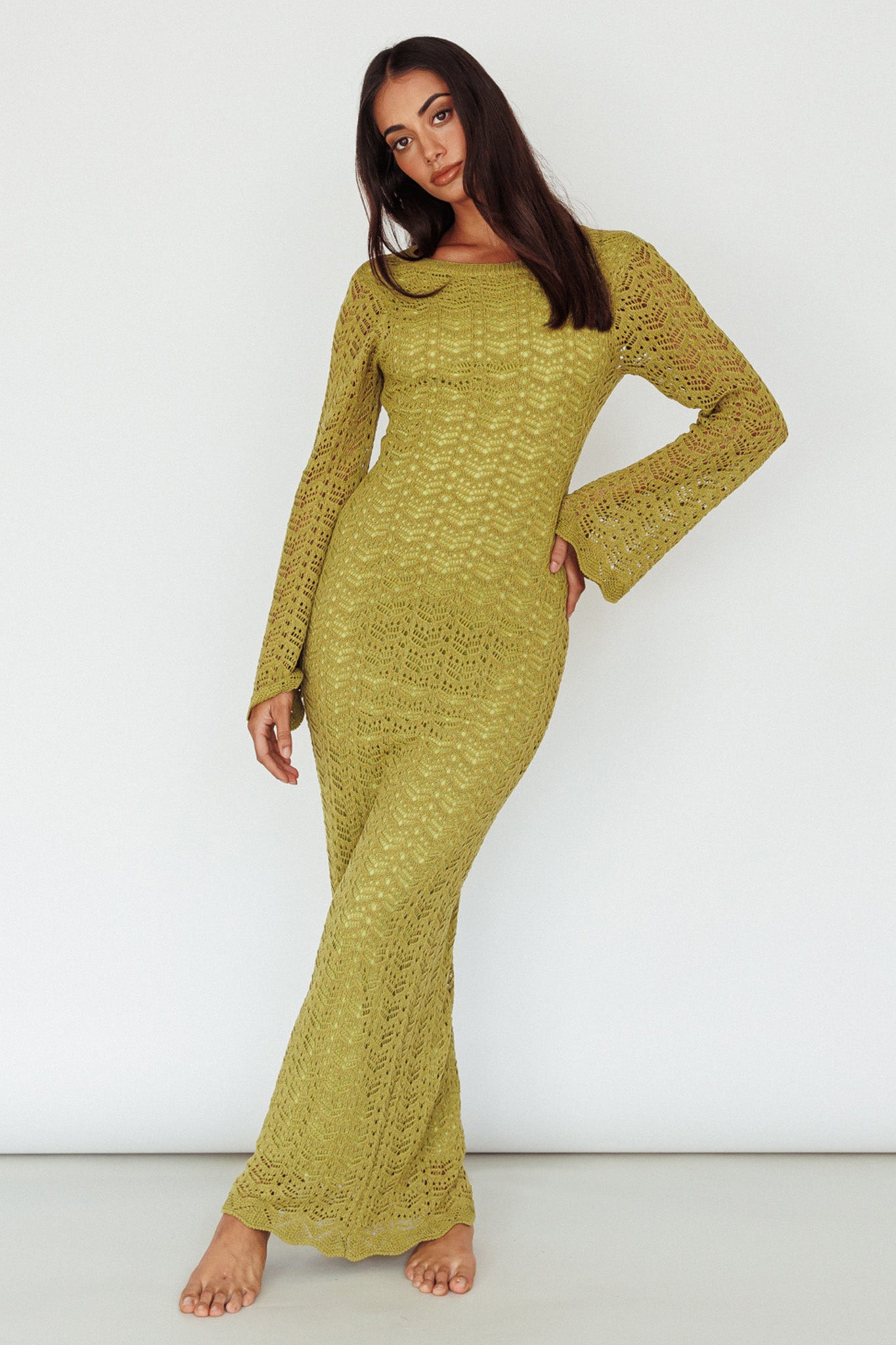Hyland Open Back Crochet Maxi Dress Olive-Maymioy