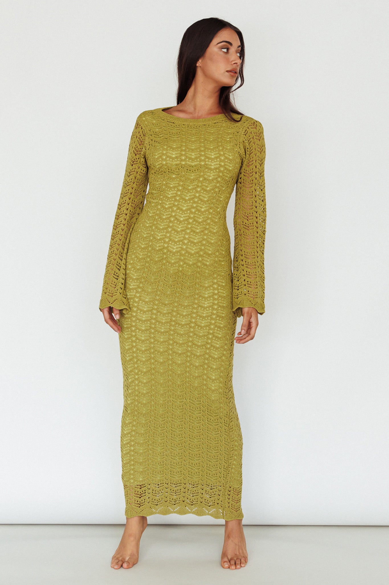 Hyland Open Back Crochet Maxi Dress Olive-Maymioy