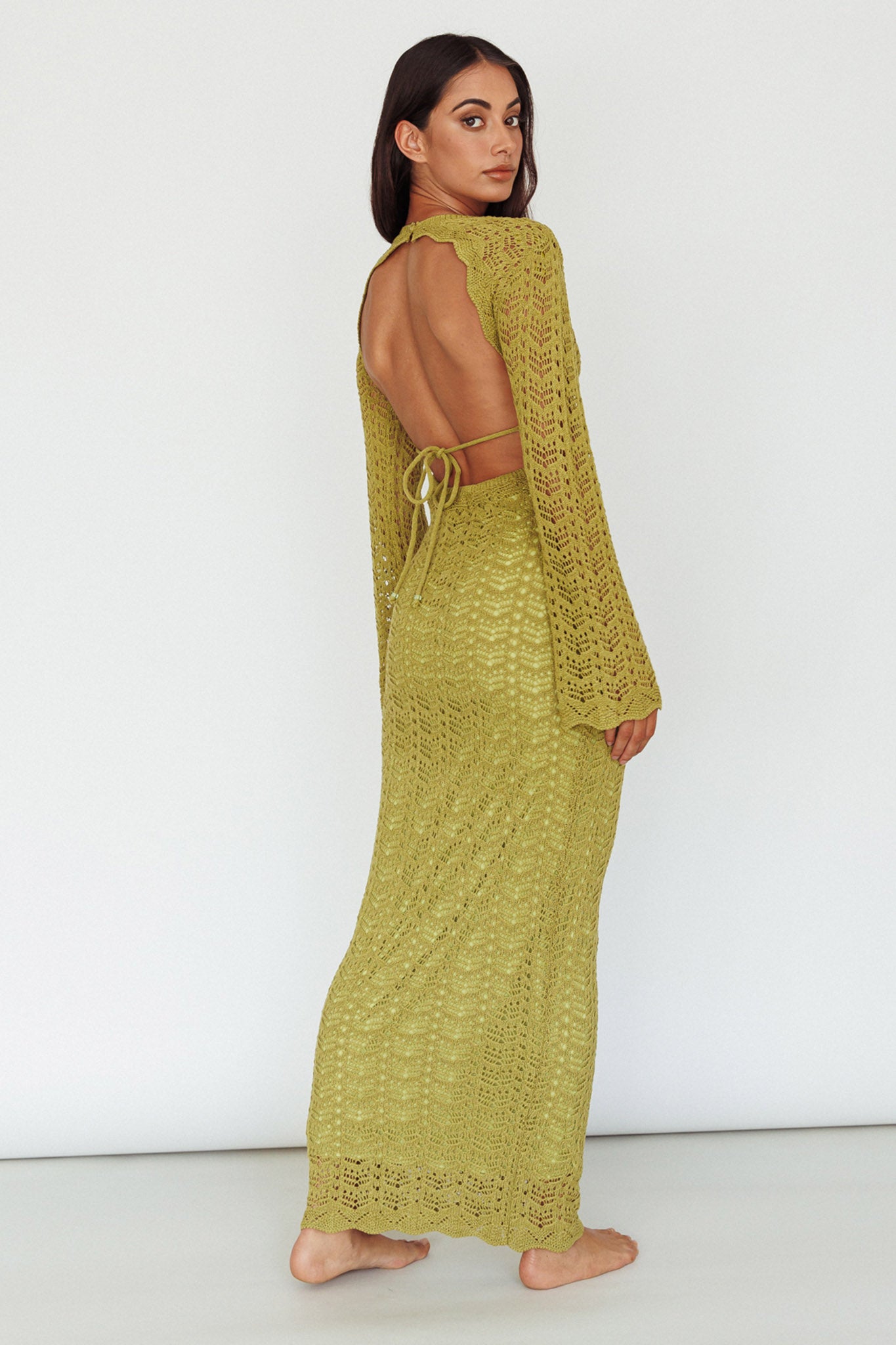 Hyland Open Back Crochet Maxi Dress Olive-Maymioy