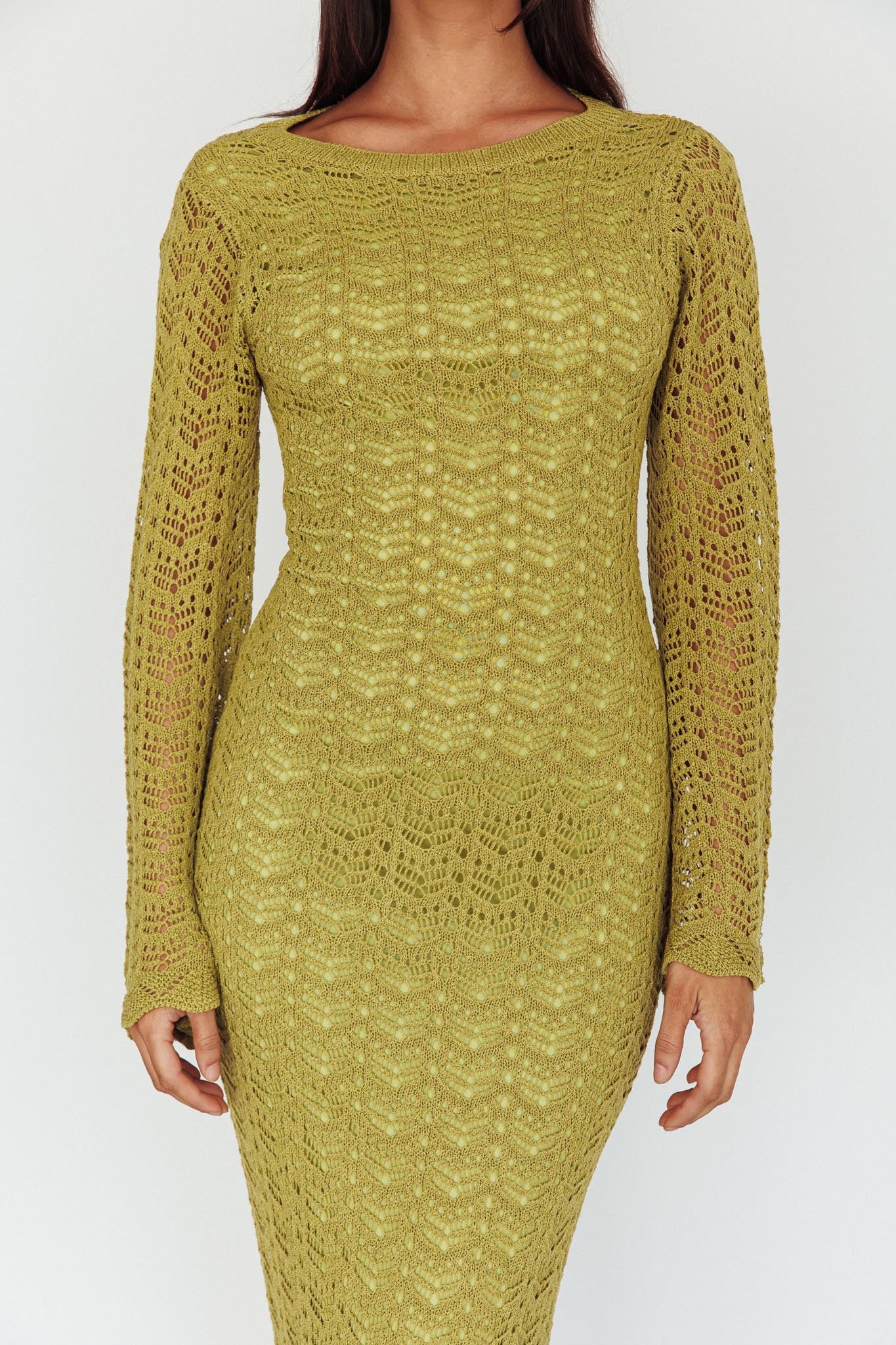 Hyland Open Back Crochet Maxi Dress Olive-Maymioy