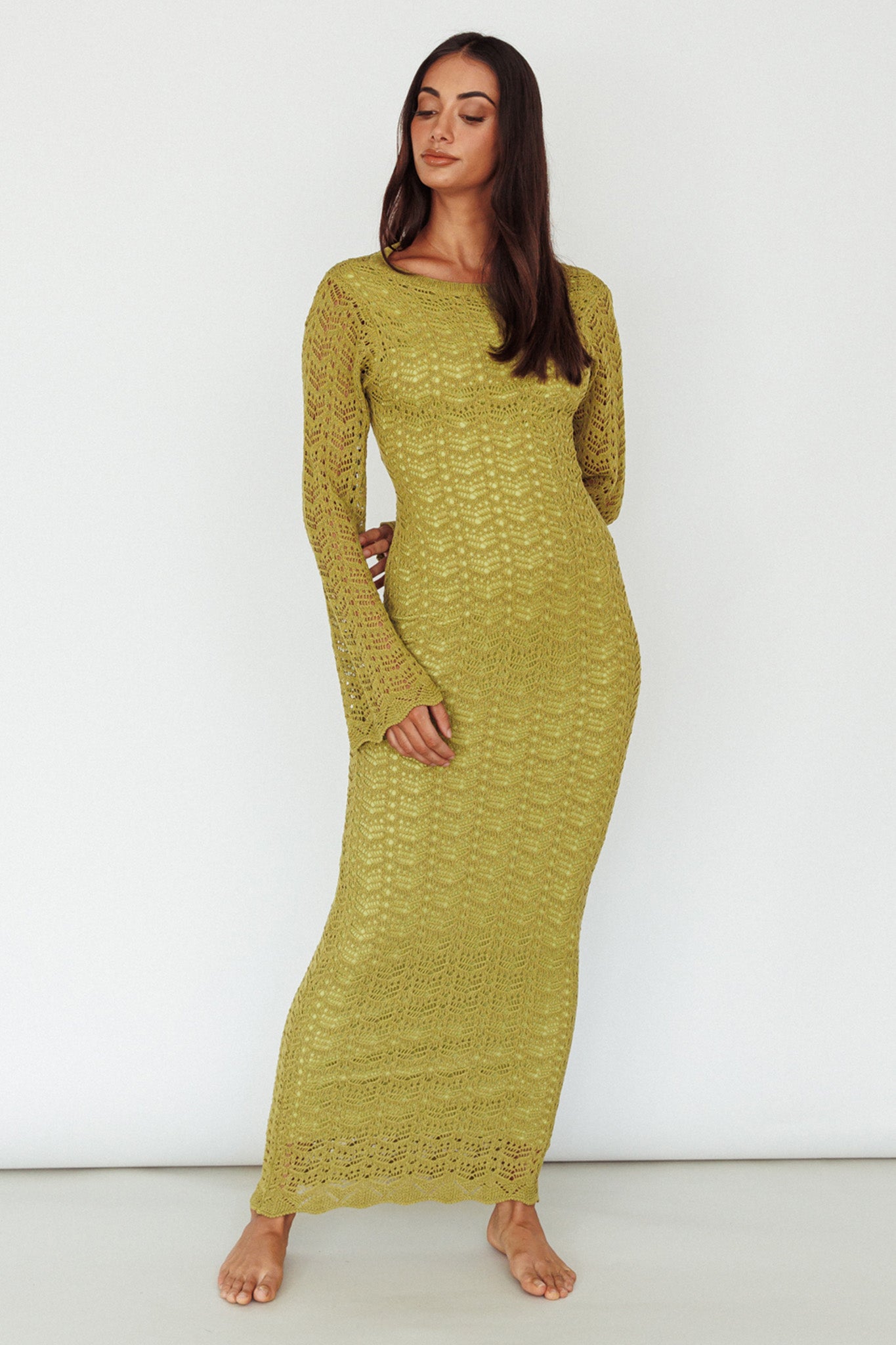 Hyland Open Back Crochet Maxi Dress Olive-Maymioy