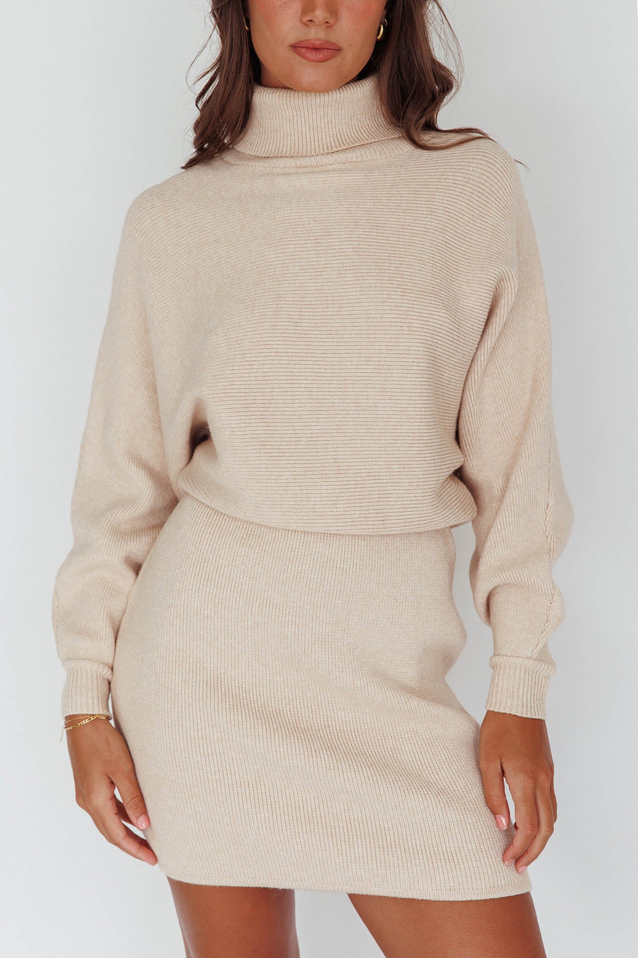 North Star High Neck Sweater Mini Dress Oat-Maymioy