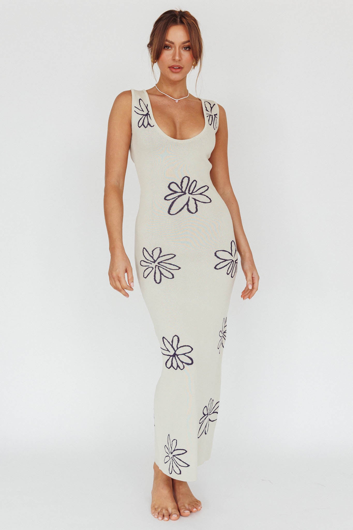 Sunland Knit Maxi Dress Flower Cream-Maymioy