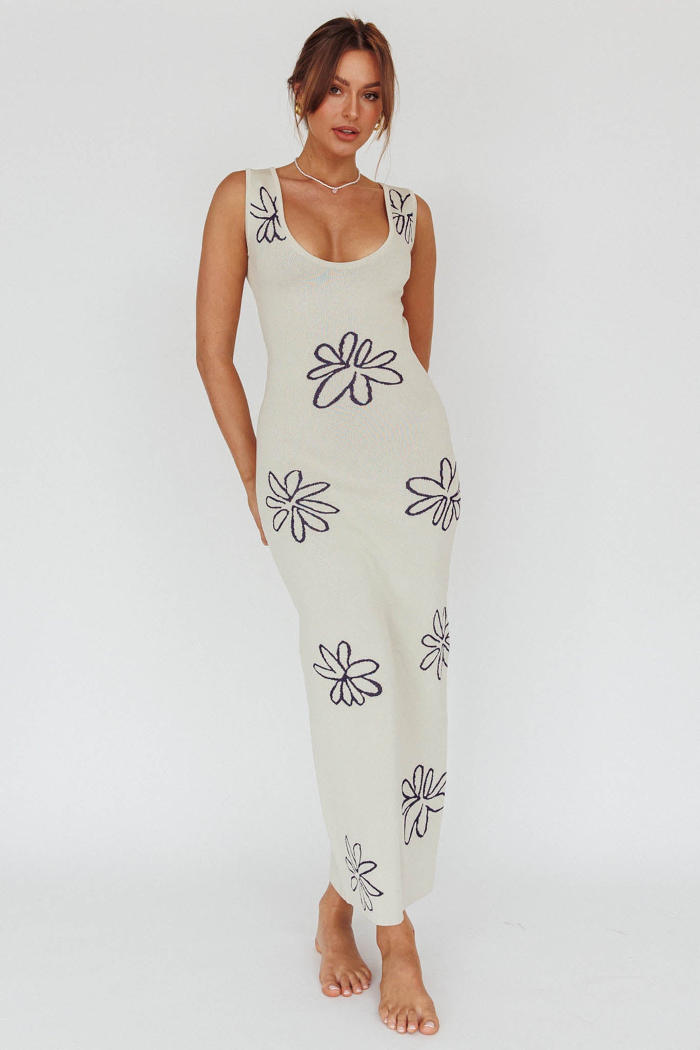 Sunland Knit Maxi Dress Flower Cream-Maymioy