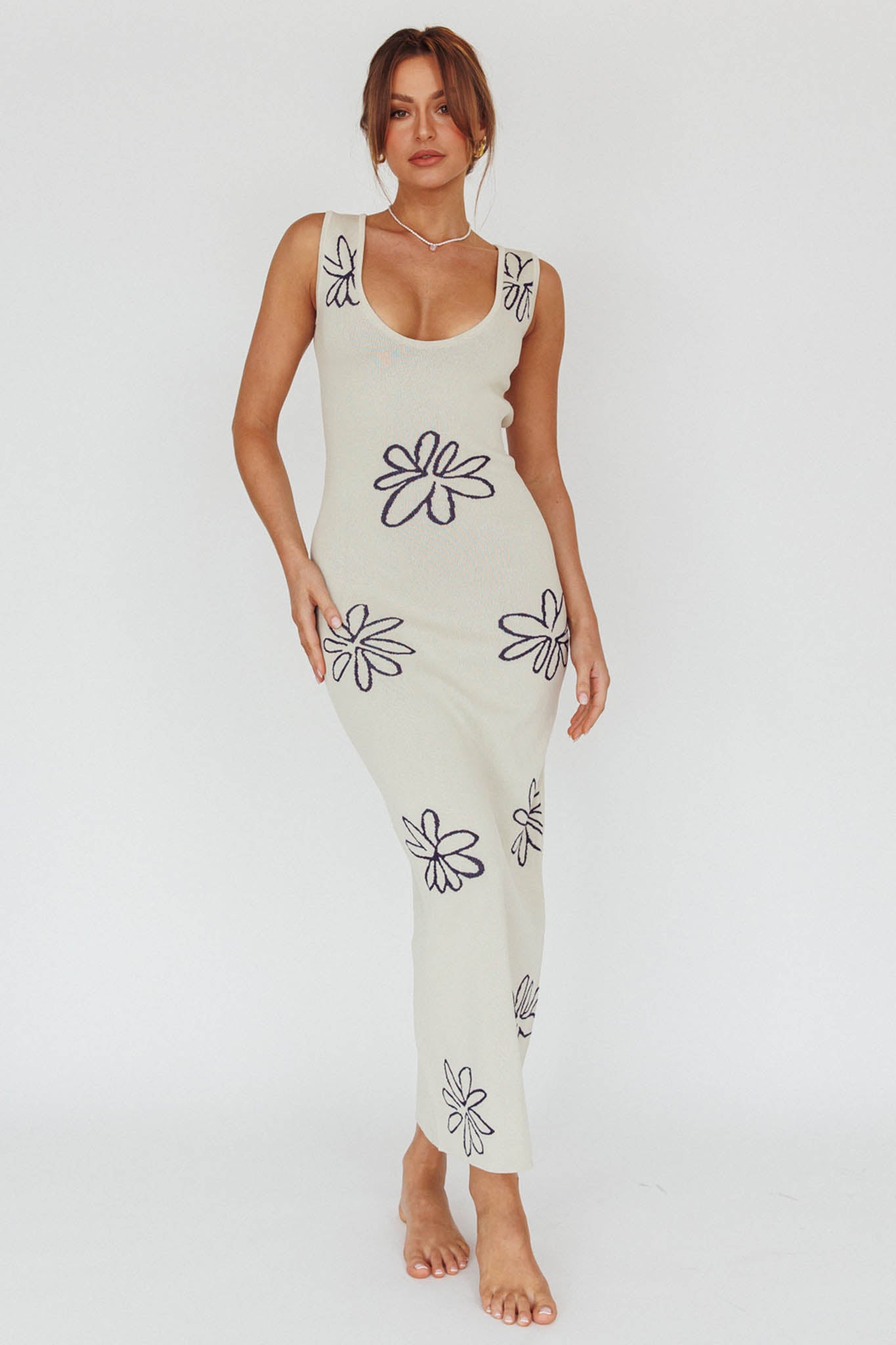 Sunland Knit Maxi Dress Flower Cream-Maymioy