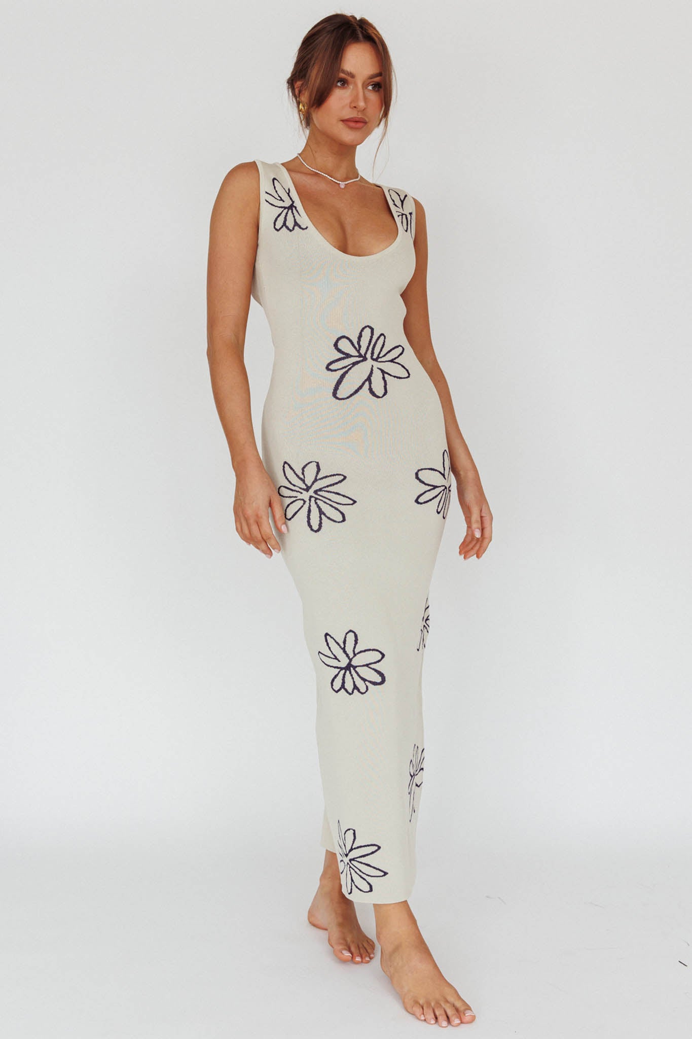 Sunland Knit Maxi Dress Flower Cream-Maymioy