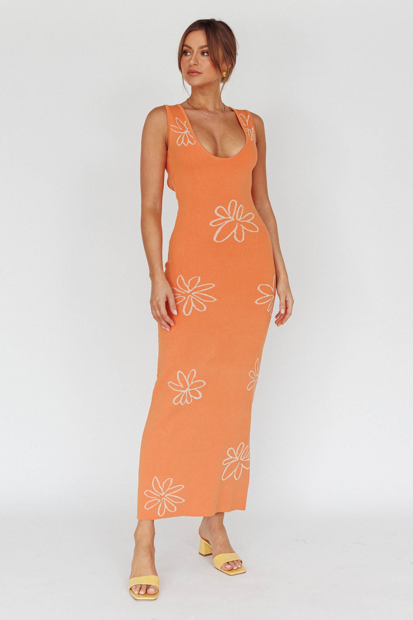 Sunland Knit Maxi Dress Flower Tangerine-Maymioy