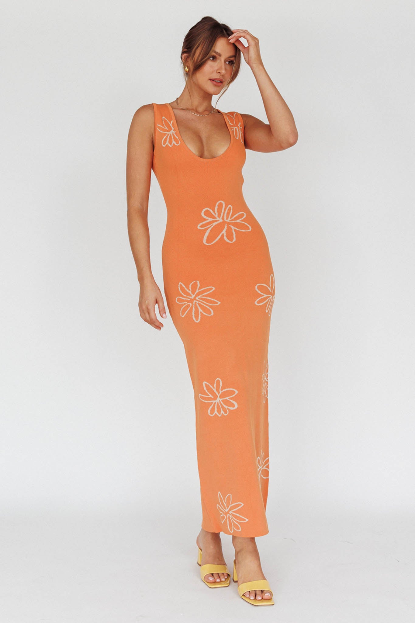 Sunland Knit Maxi Dress Flower Tangerine-Maymioy