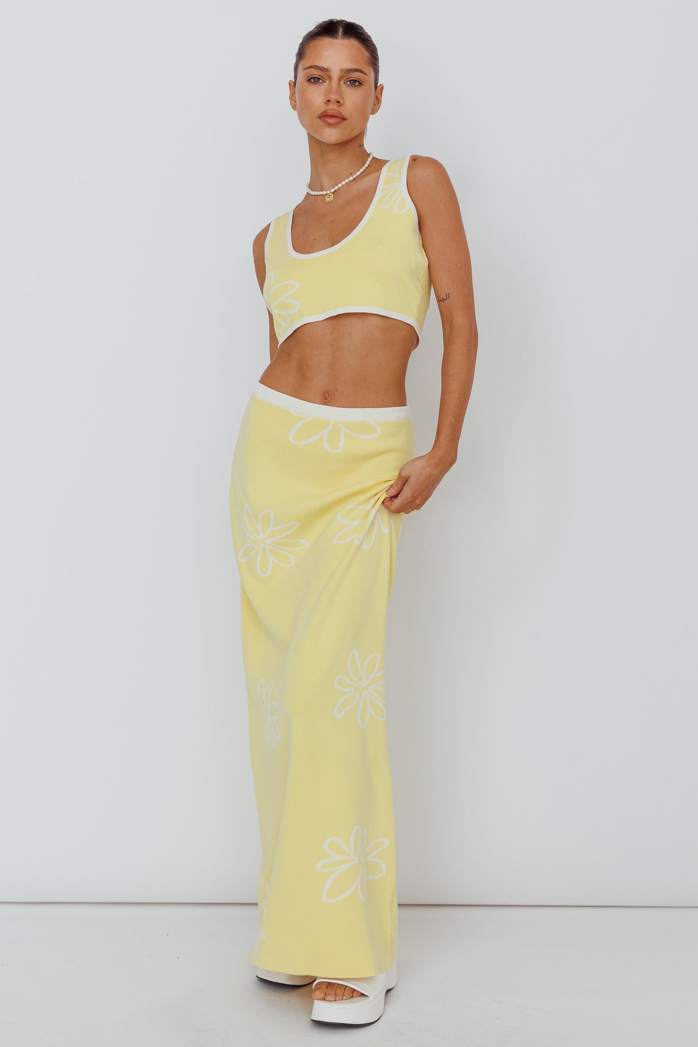 Sunland Knit Maxi Skirt Flower Light Lemon-Maymioy