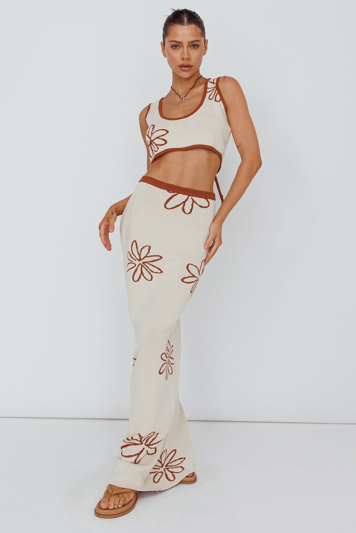 Sunland Knit Maxi Skirt Flower Oat Mocha-Maymioy
