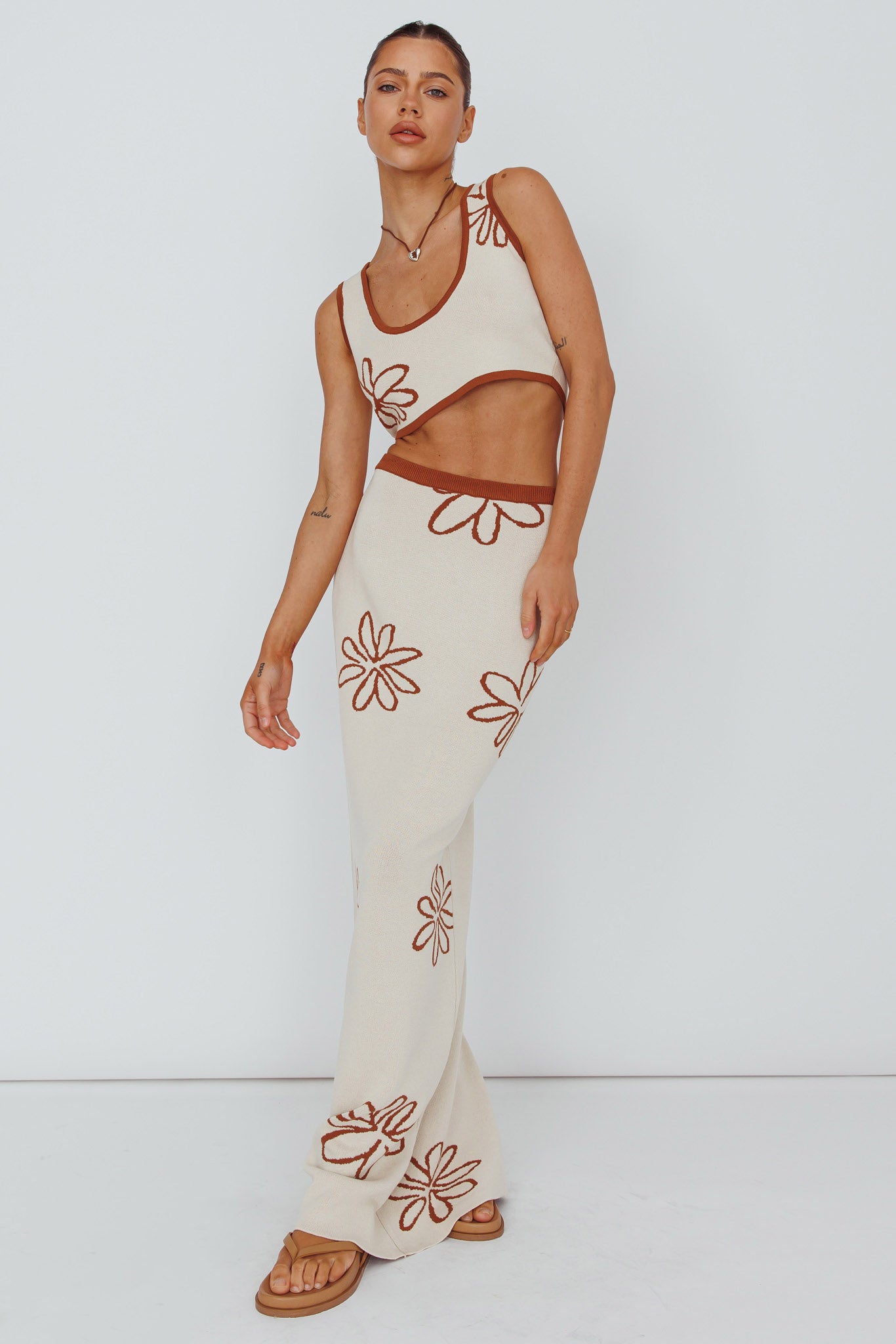 Sunland Knit Maxi Skirt Flower Oat Mocha-Maymioy