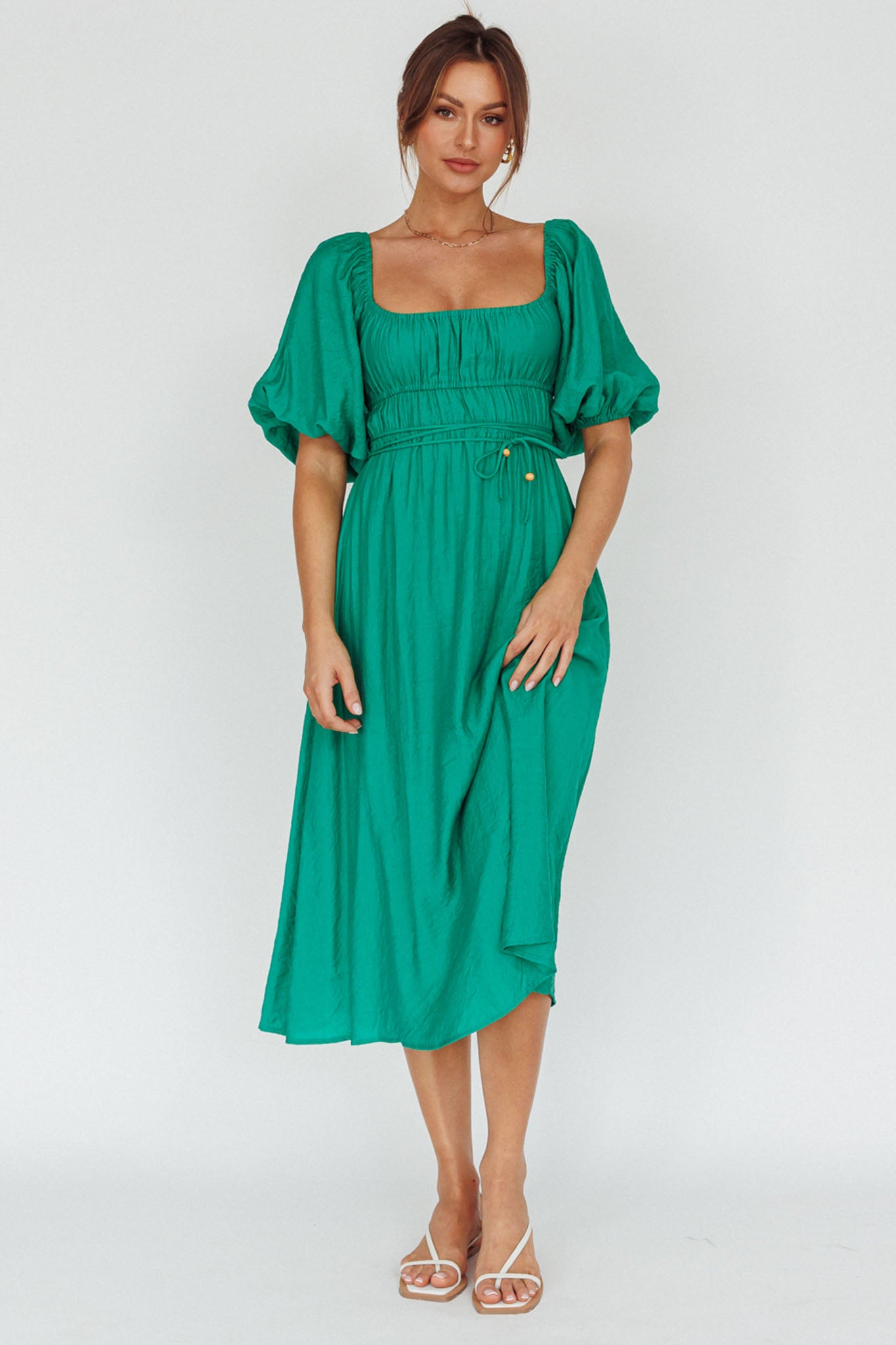Lille Puff Sleeve Midi Dress Green-Maymioy