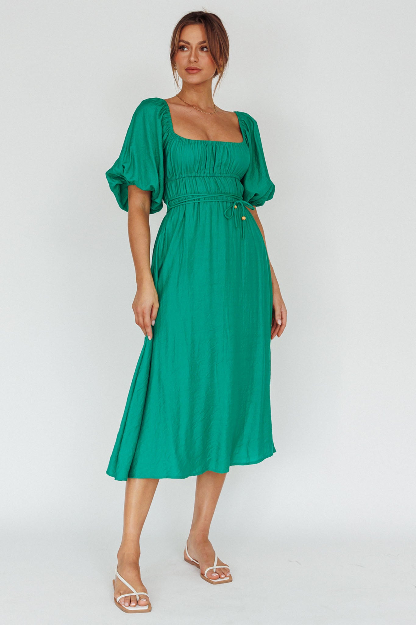 Lille Puff Sleeve Midi Dress Green-Maymioy