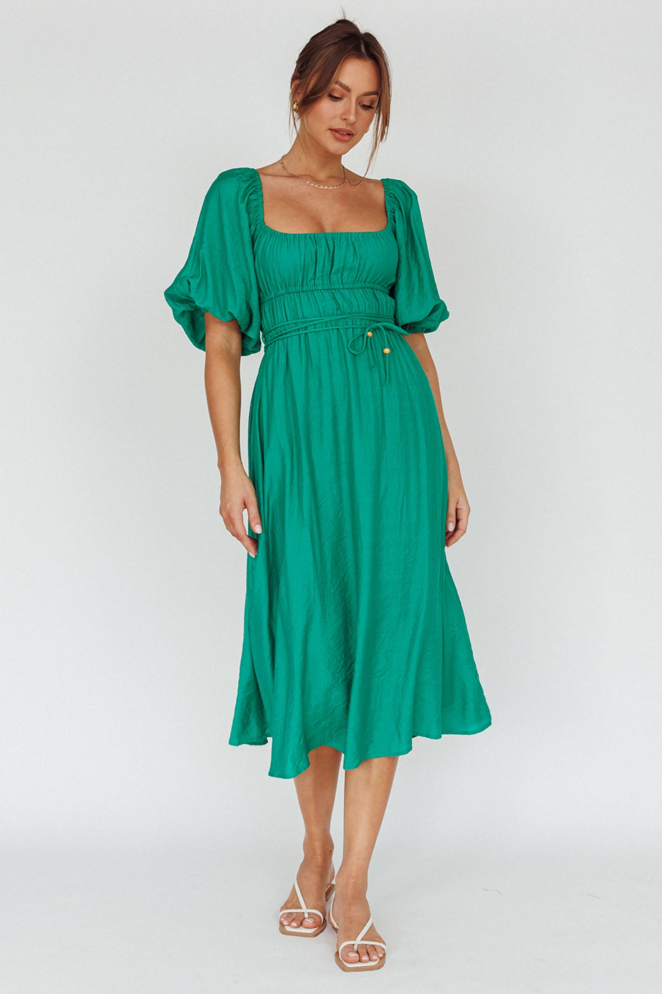 Lille Puff Sleeve Midi Dress Green-Maymioy