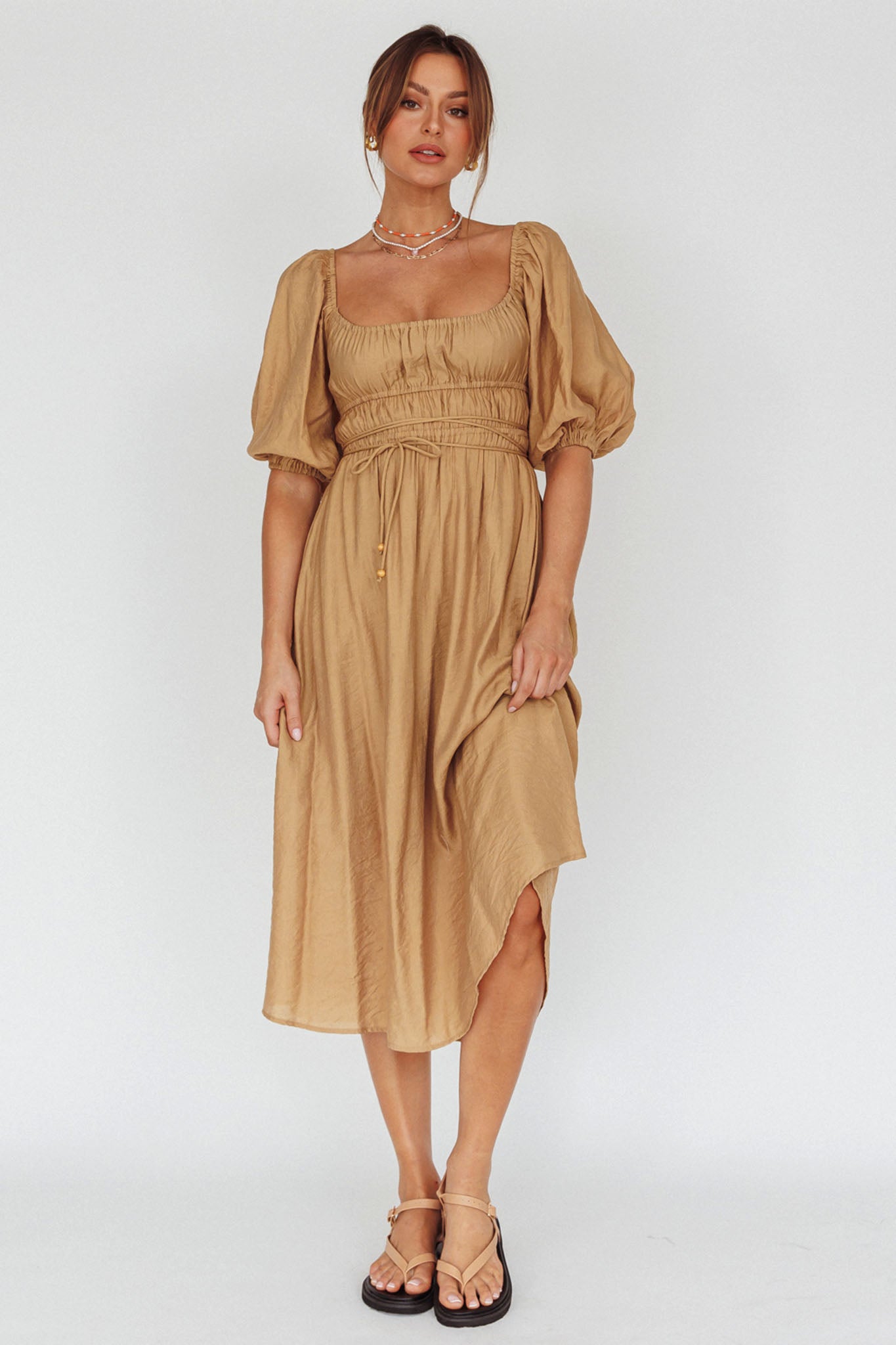 Lille Puff Sleeve Midi Dress Latte-Maymioy