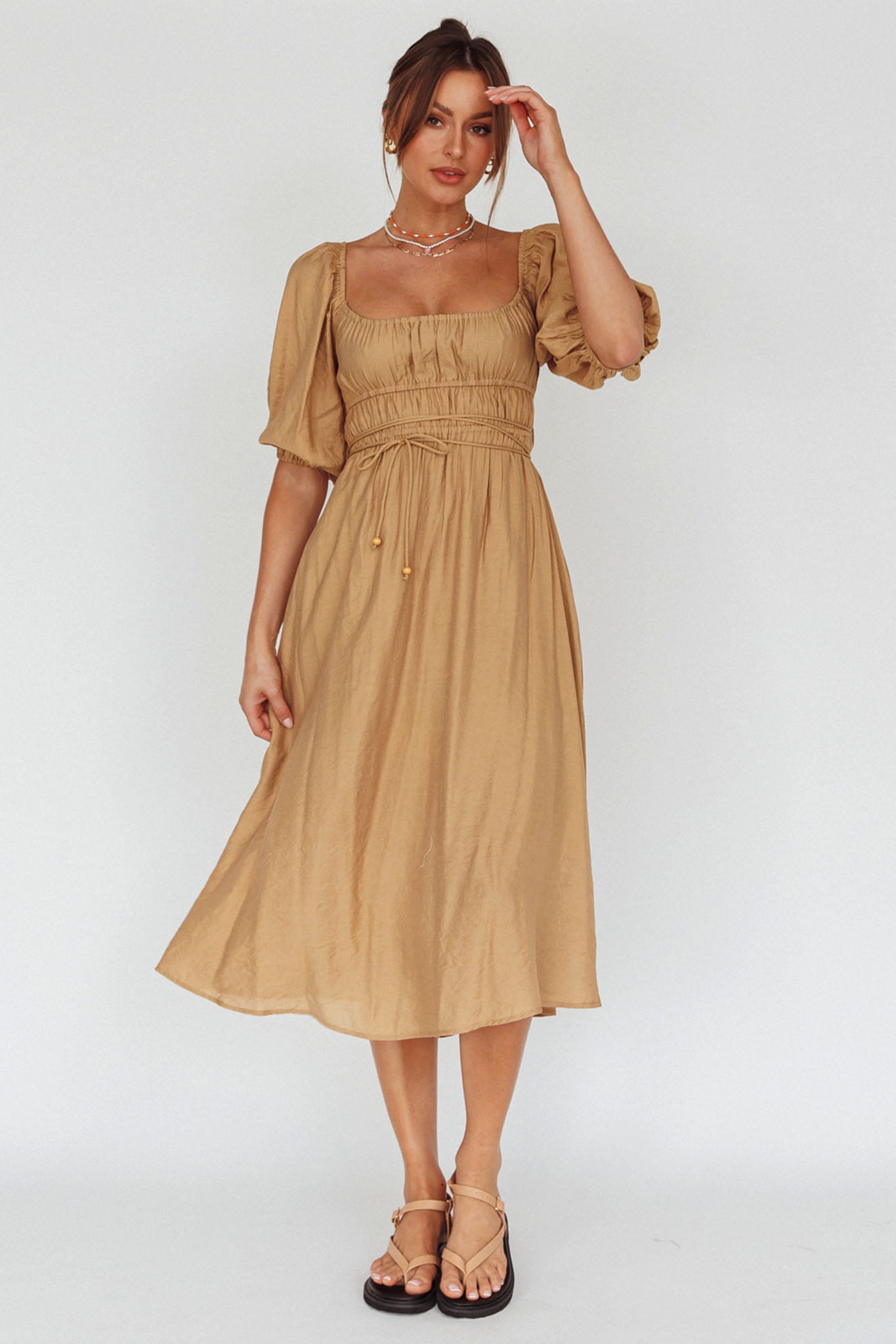 Lille Puff Sleeve Midi Dress Latte-Maymioy
