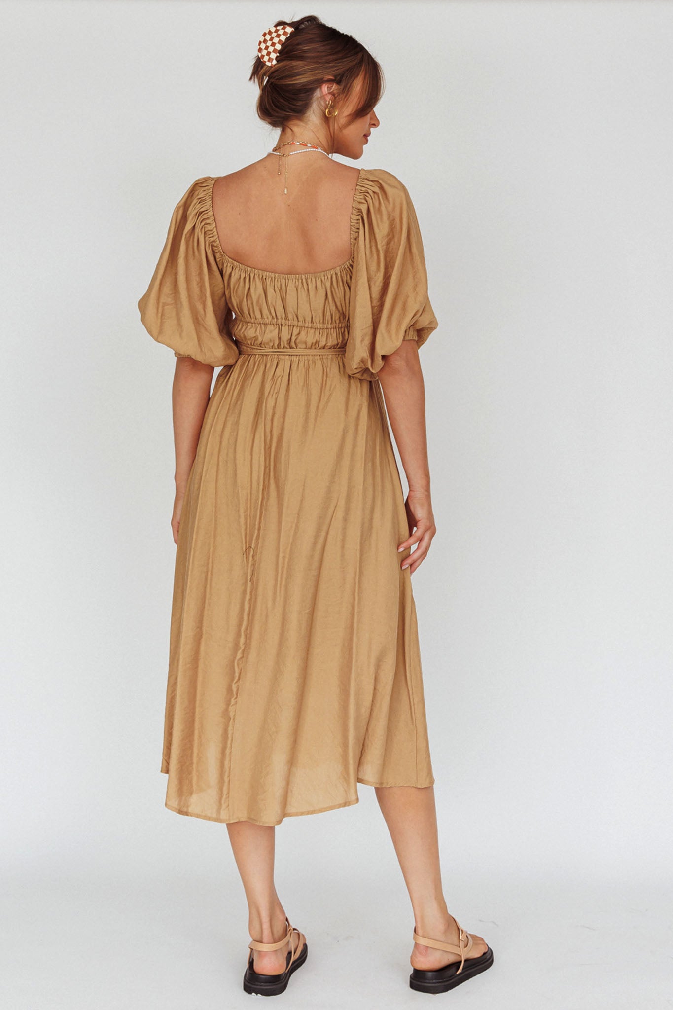Lille Puff Sleeve Midi Dress Latte-Maymioy