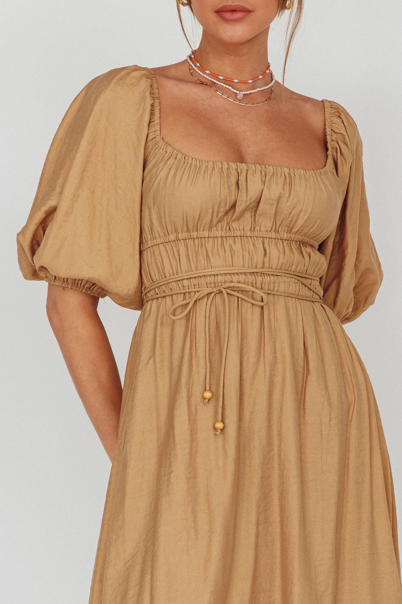 Lille Puff Sleeve Midi Dress Latte-Maymioy