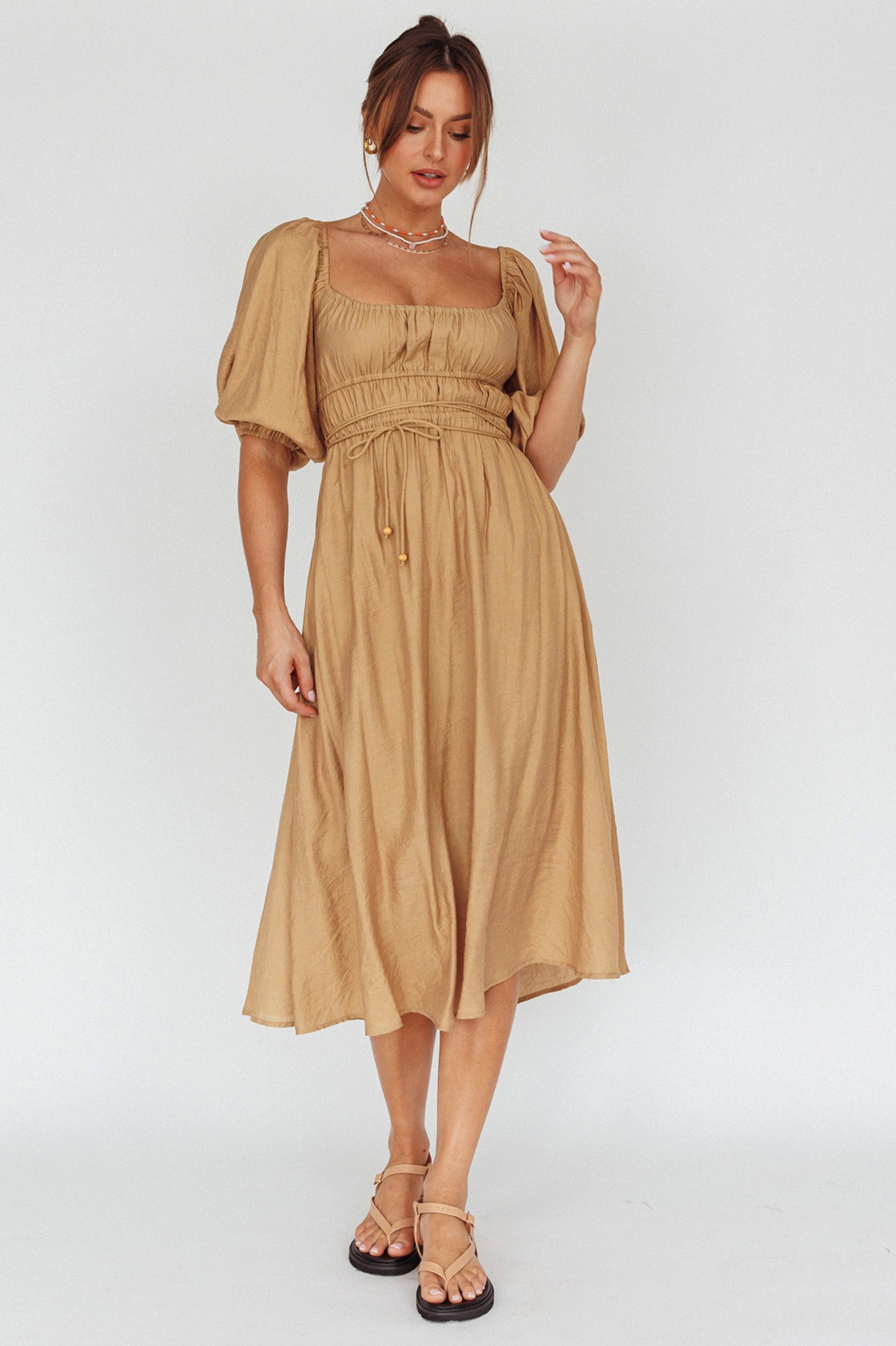 Lille Puff Sleeve Midi Dress Latte-Maymioy
