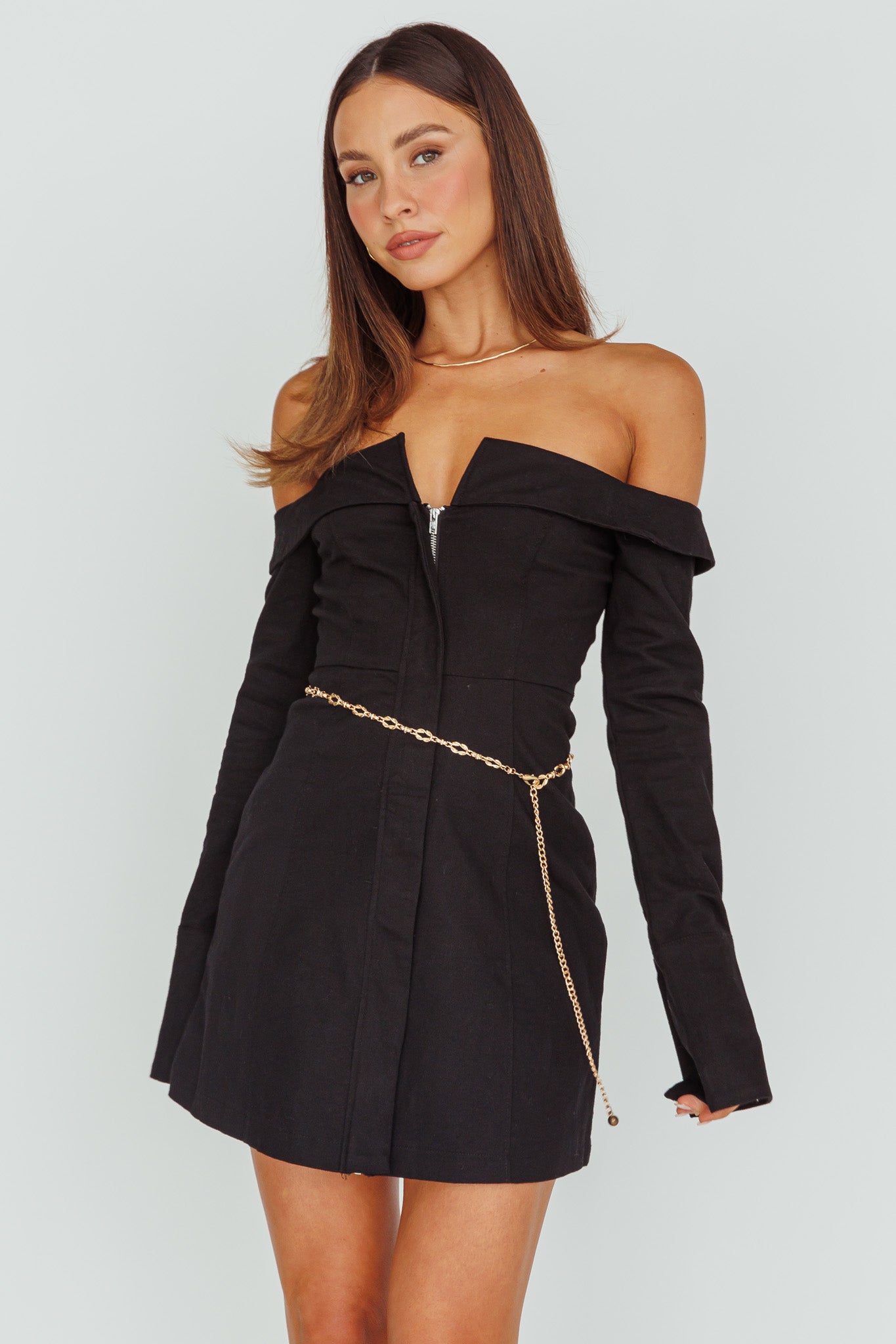 Tamra Long Sleeve Off-Shoulder Zip Dress Black-Maymioy