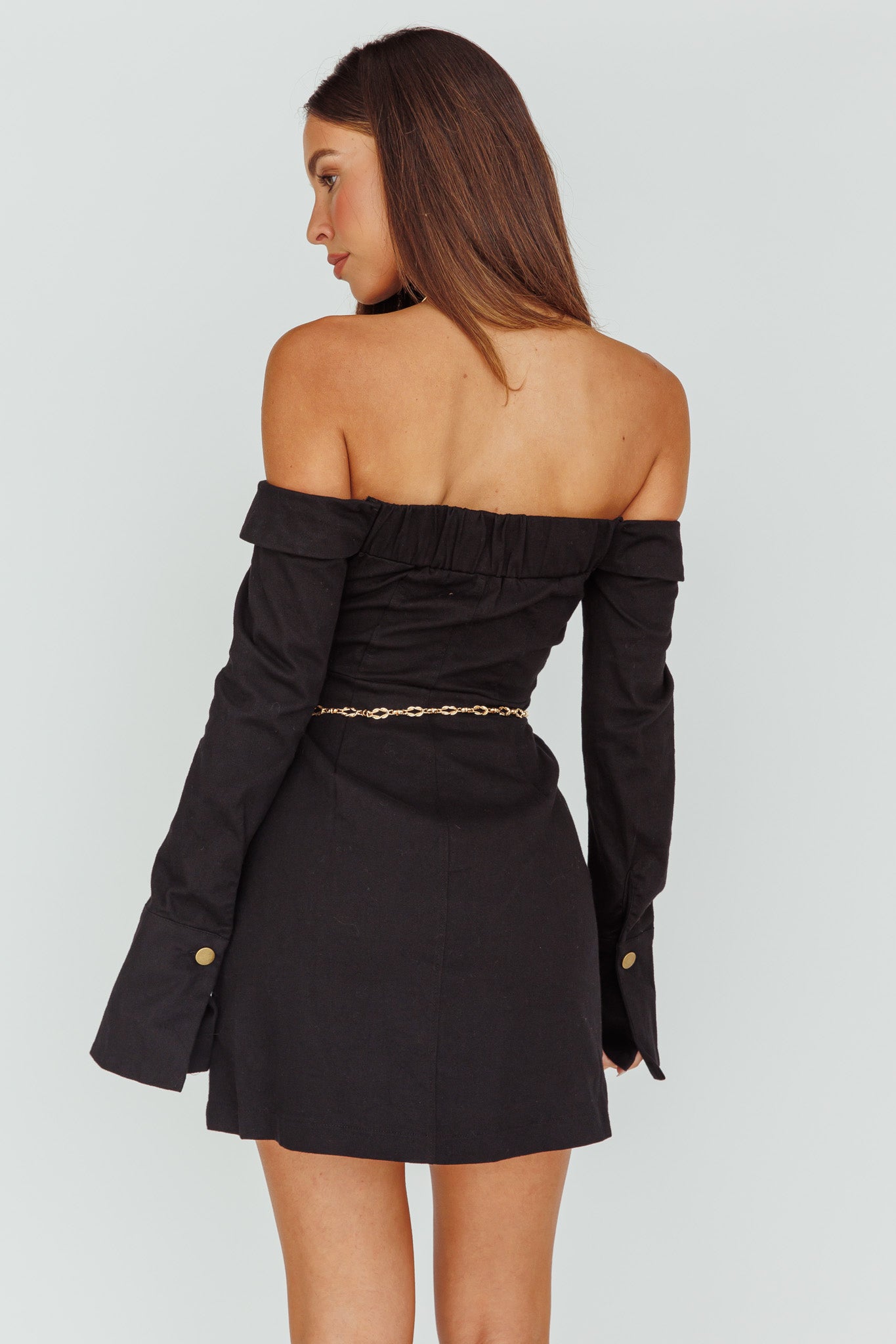 Tamra Long Sleeve Off-Shoulder Zip Dress Black-Maymioy