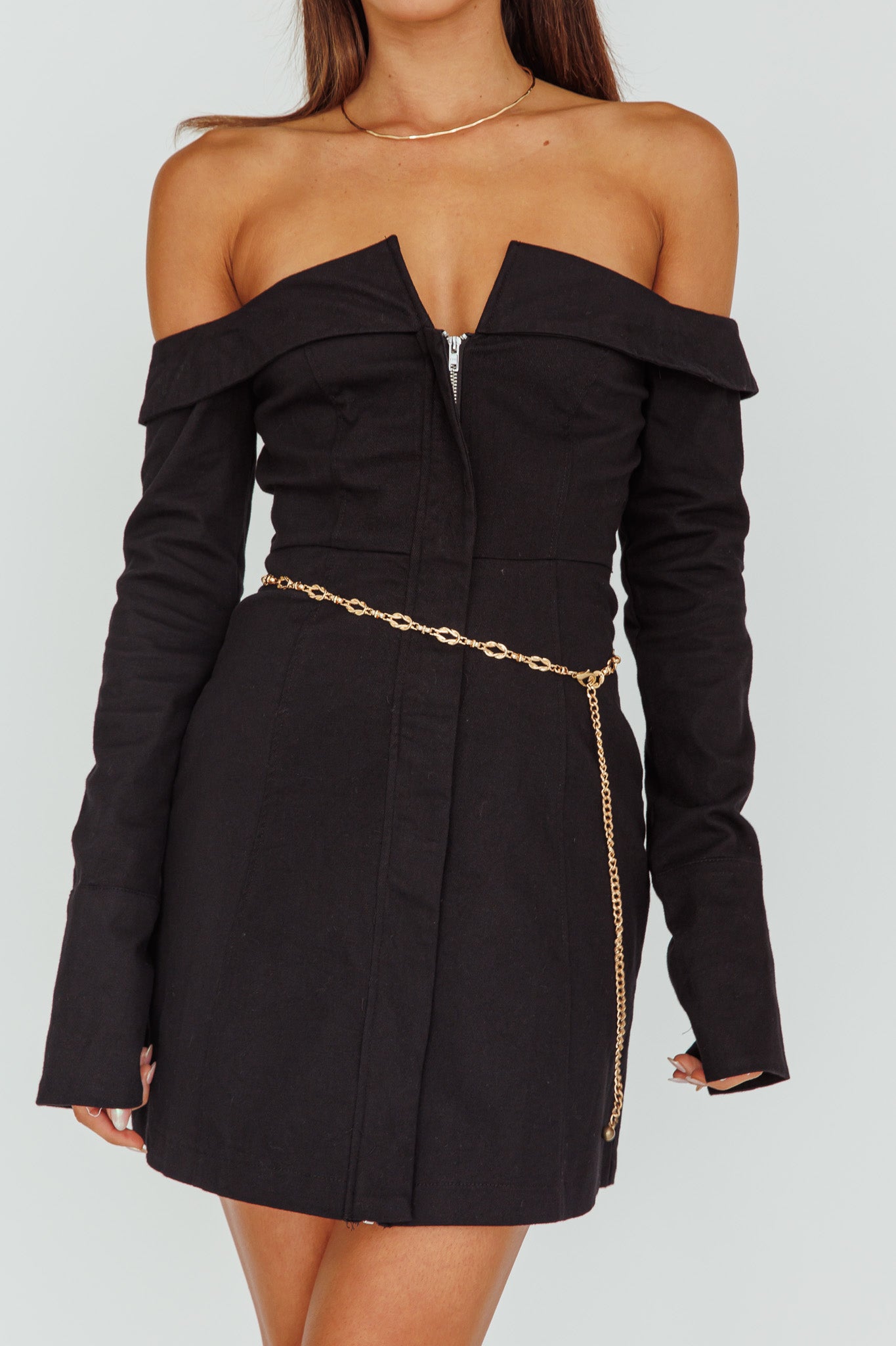 Tamra Long Sleeve Off-Shoulder Zip Dress Black-Maymioy