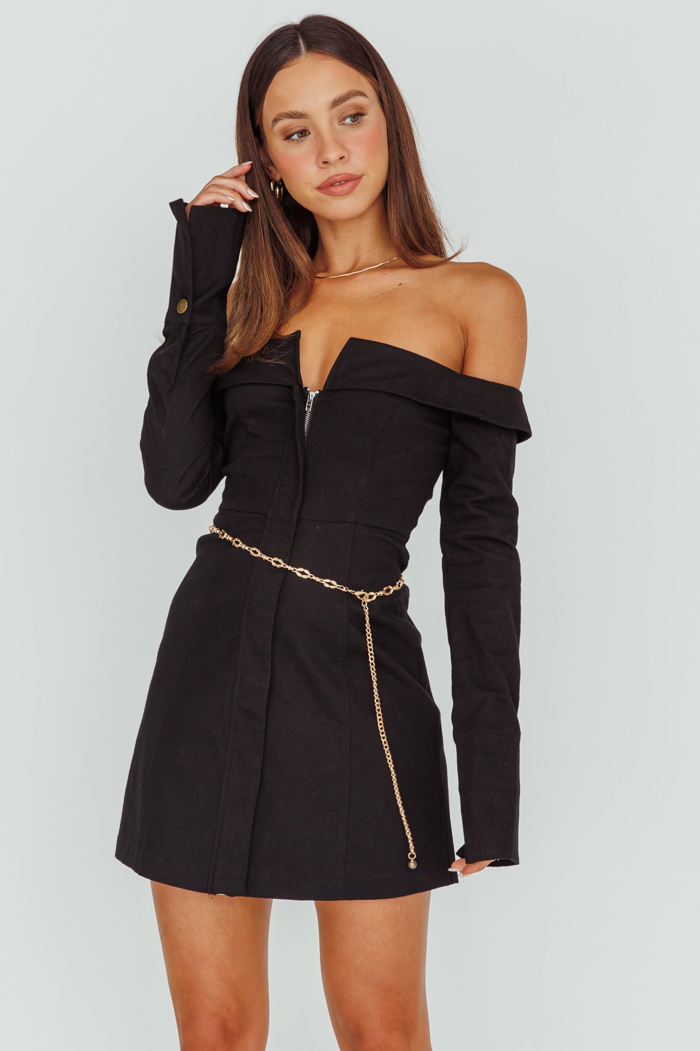Tamra Long Sleeve Off-Shoulder Zip Dress Black-Maymioy