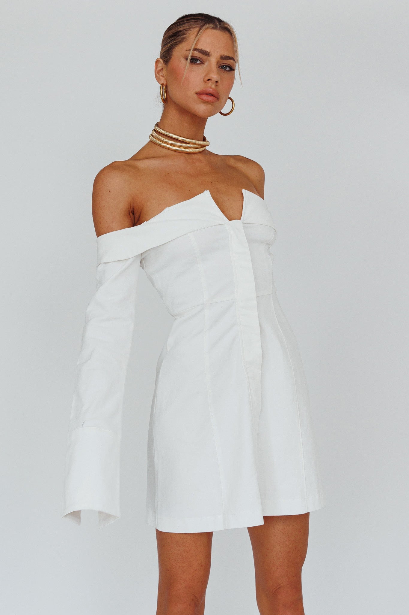 Tamra Long Sleeve Off-Shoulder Zip Dress White-Maymioy