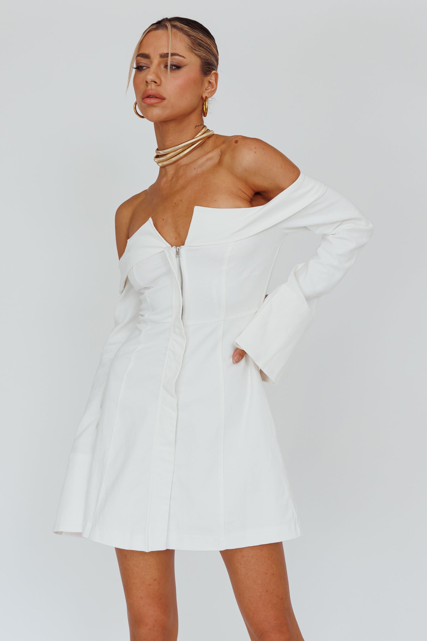 Tamra Long Sleeve Off-Shoulder Zip Dress White-Maymioy