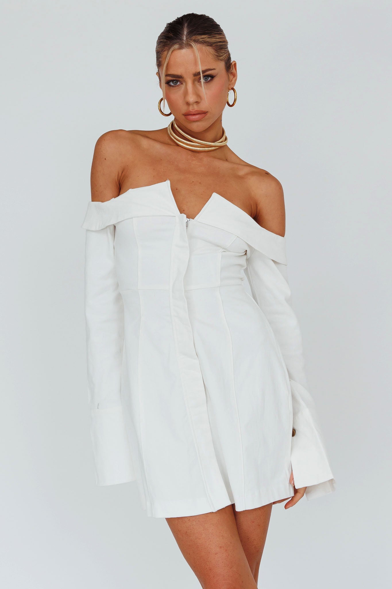 Tamra Long Sleeve Off-Shoulder Zip Dress White-Maymioy