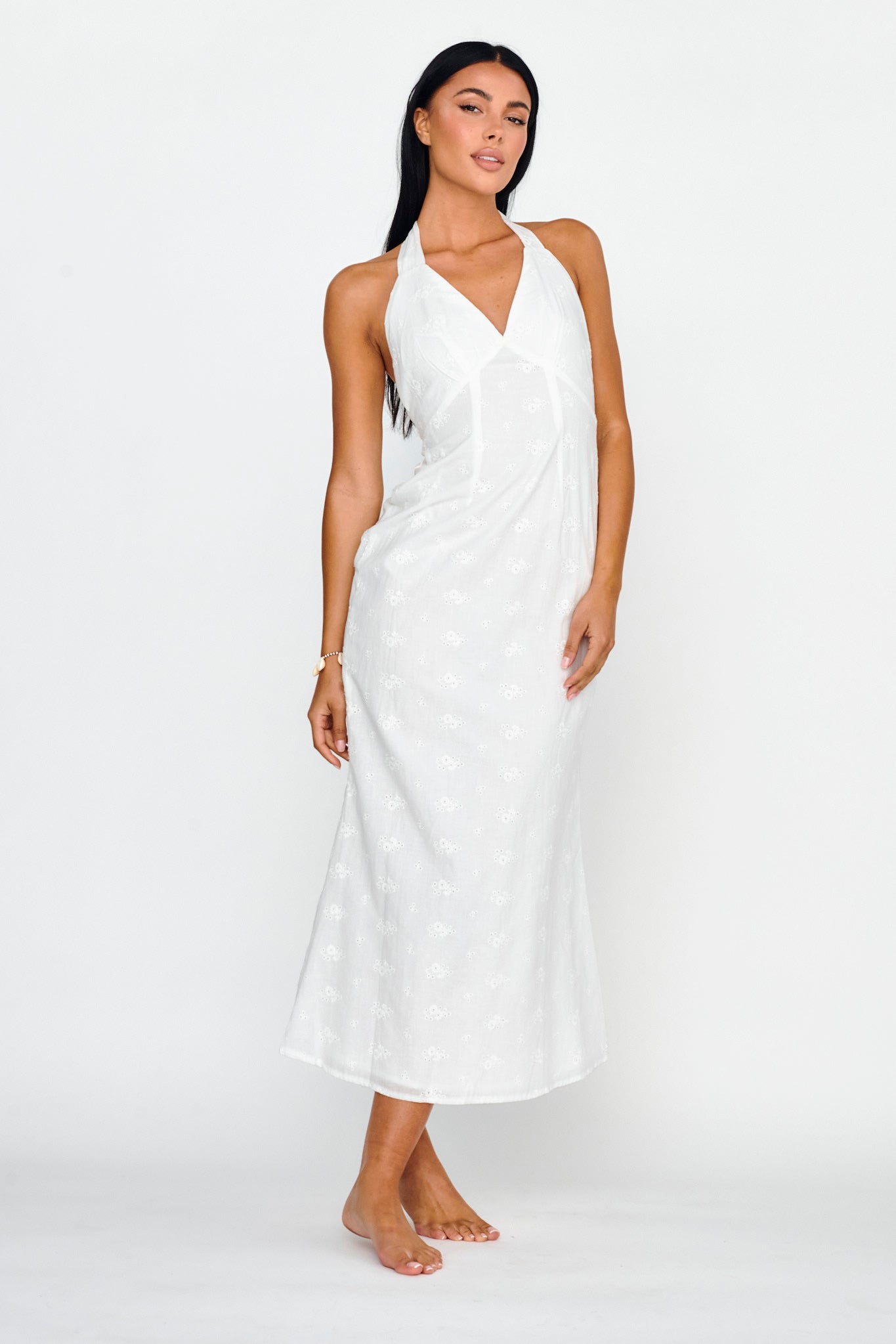 Lavara Halterneck Midi Dress White-Maymioy