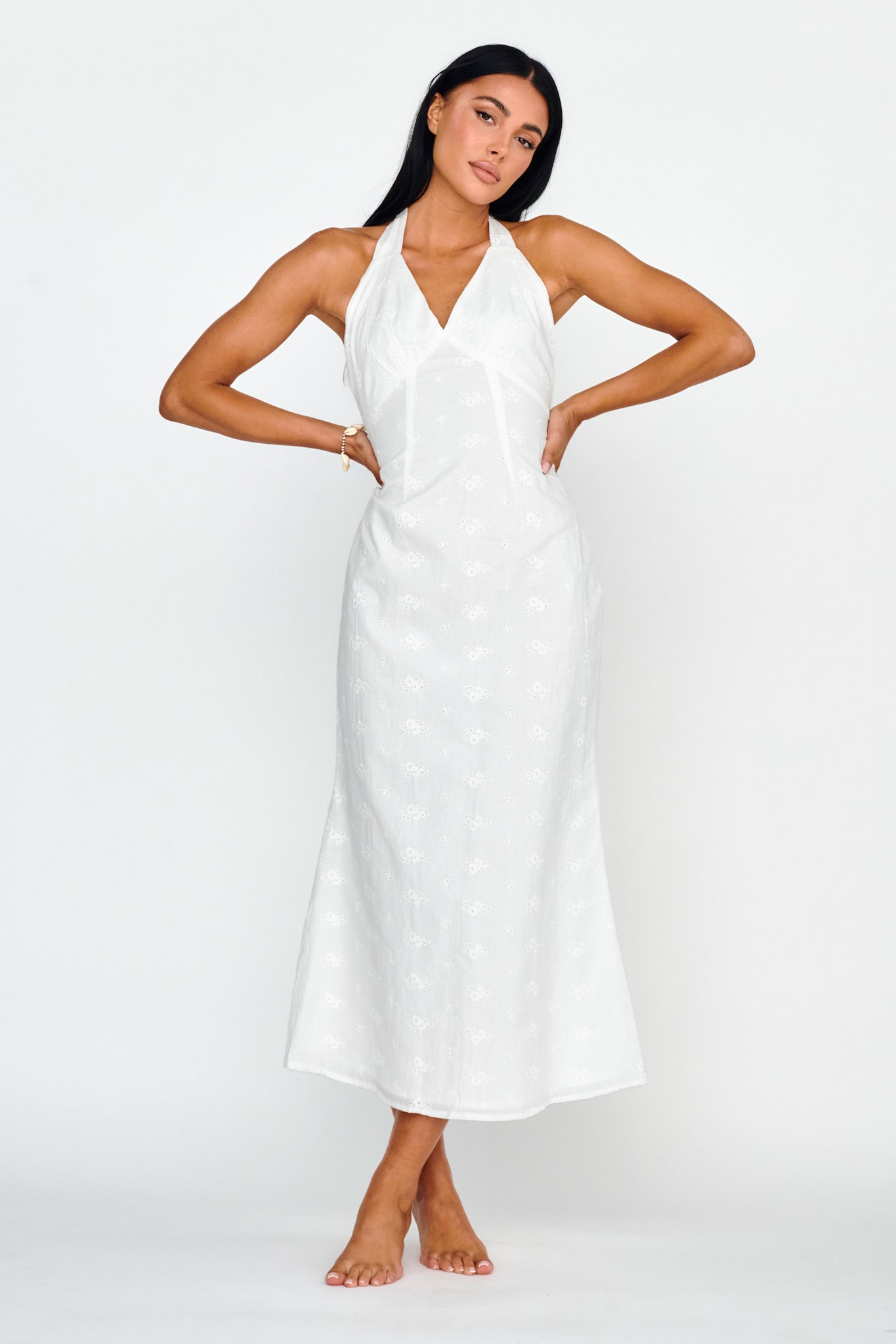 Lavara Halterneck Midi Dress White-Maymioy