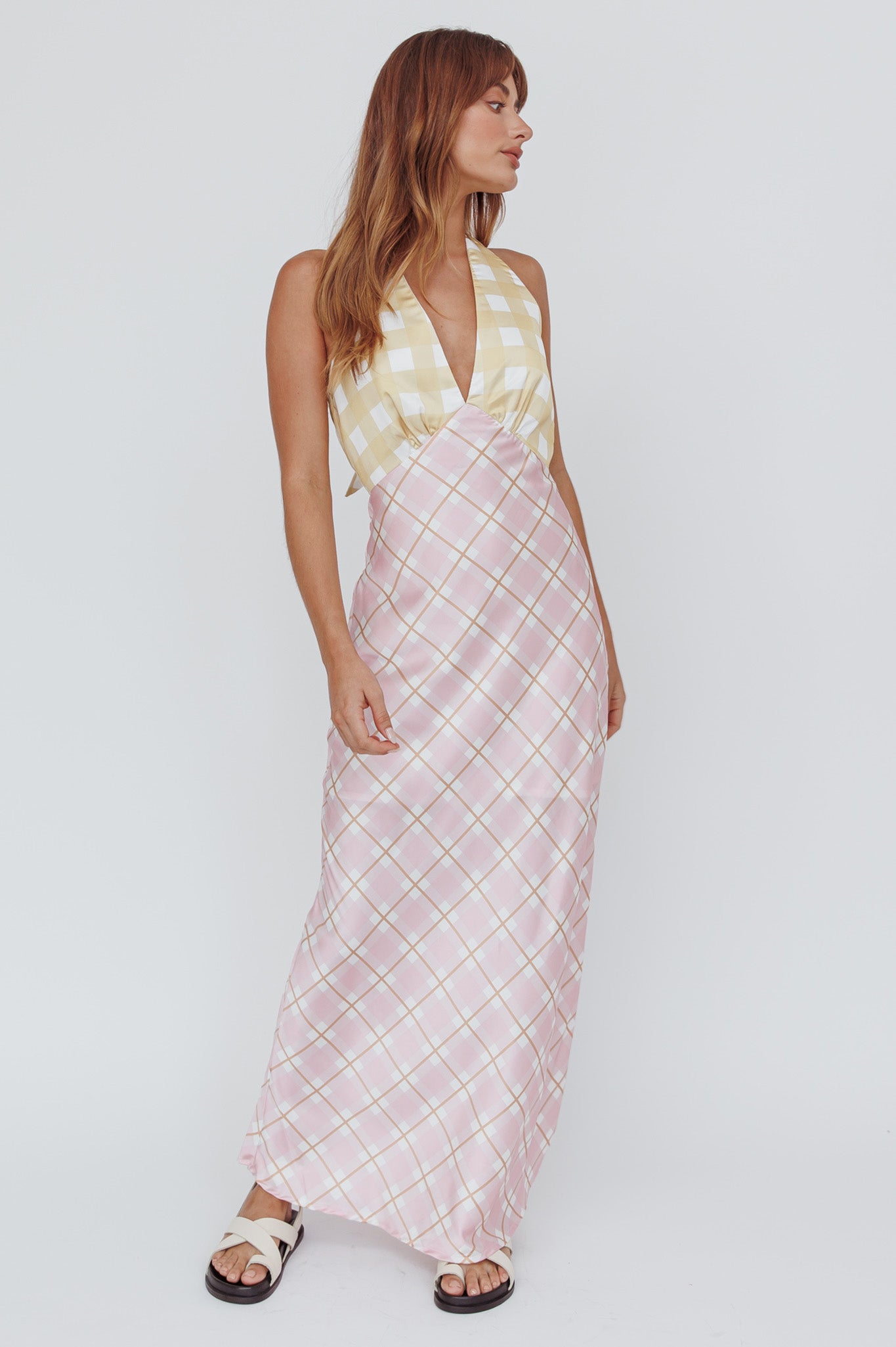 Lavara Halterneck Maxi Dress Checker Pink-Maymioy