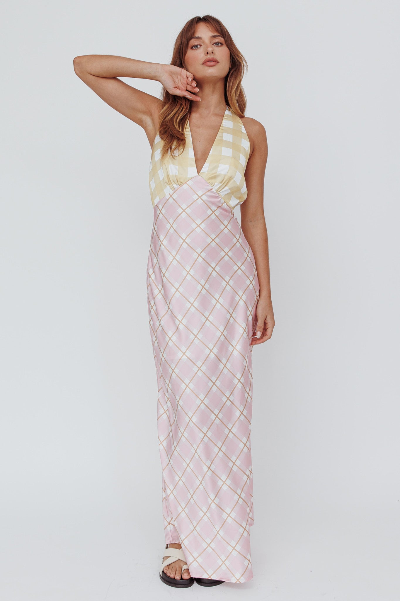 Lavara Halterneck Maxi Dress Checker Pink-Maymioy