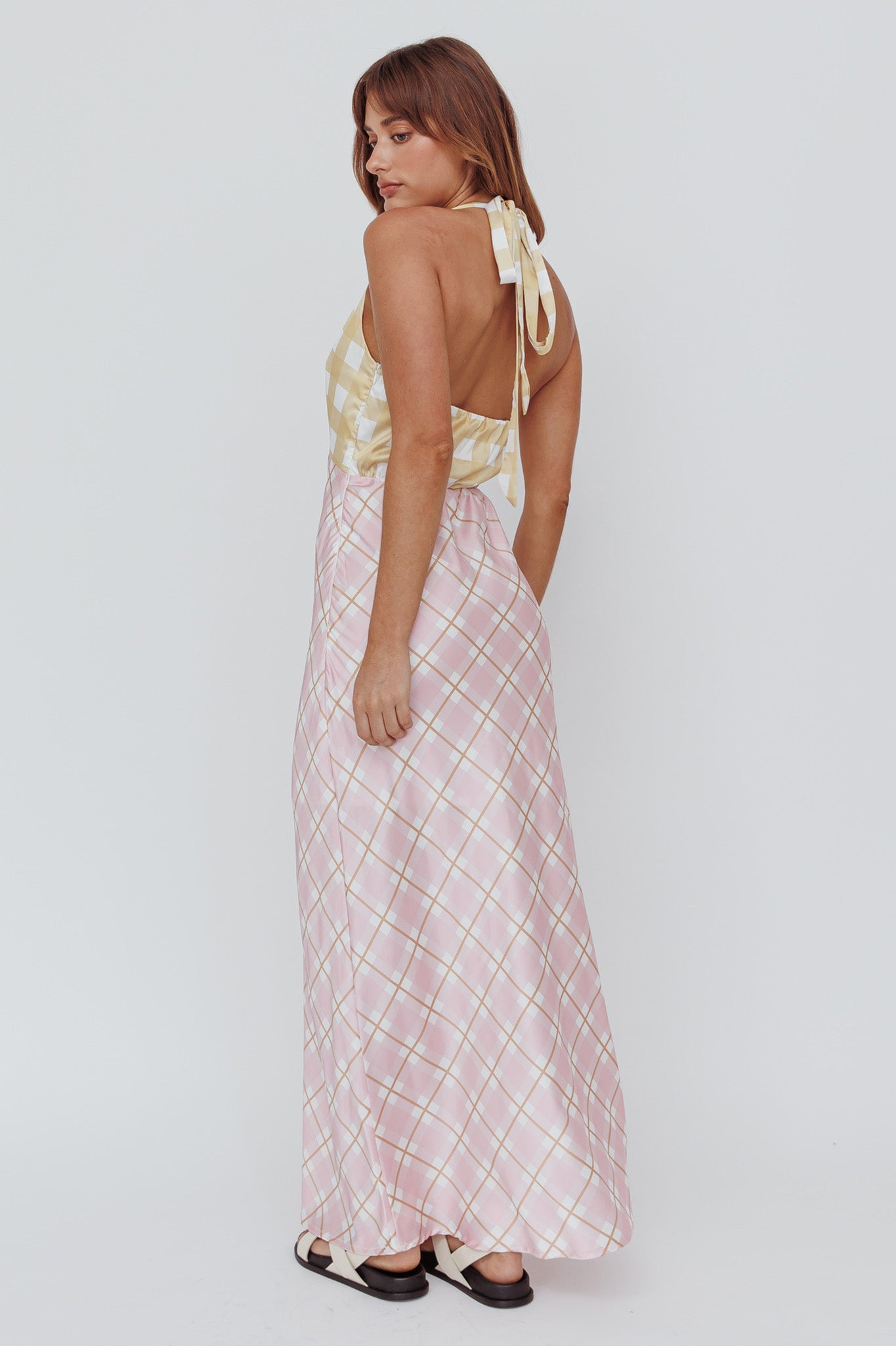 Lavara Halterneck Maxi Dress Checker Pink-Maymioy
