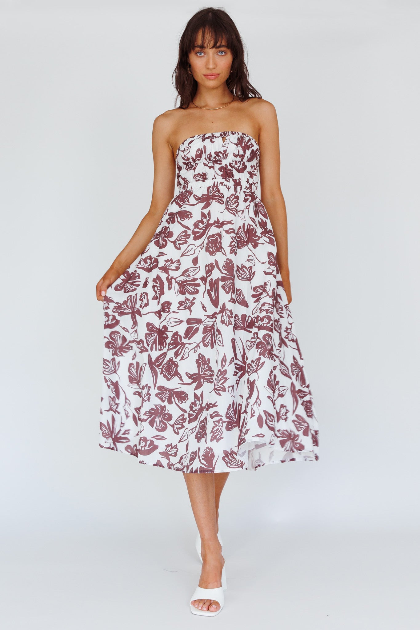 Caloundra Strapless Midi Dress Floral Walnut-Maymioy