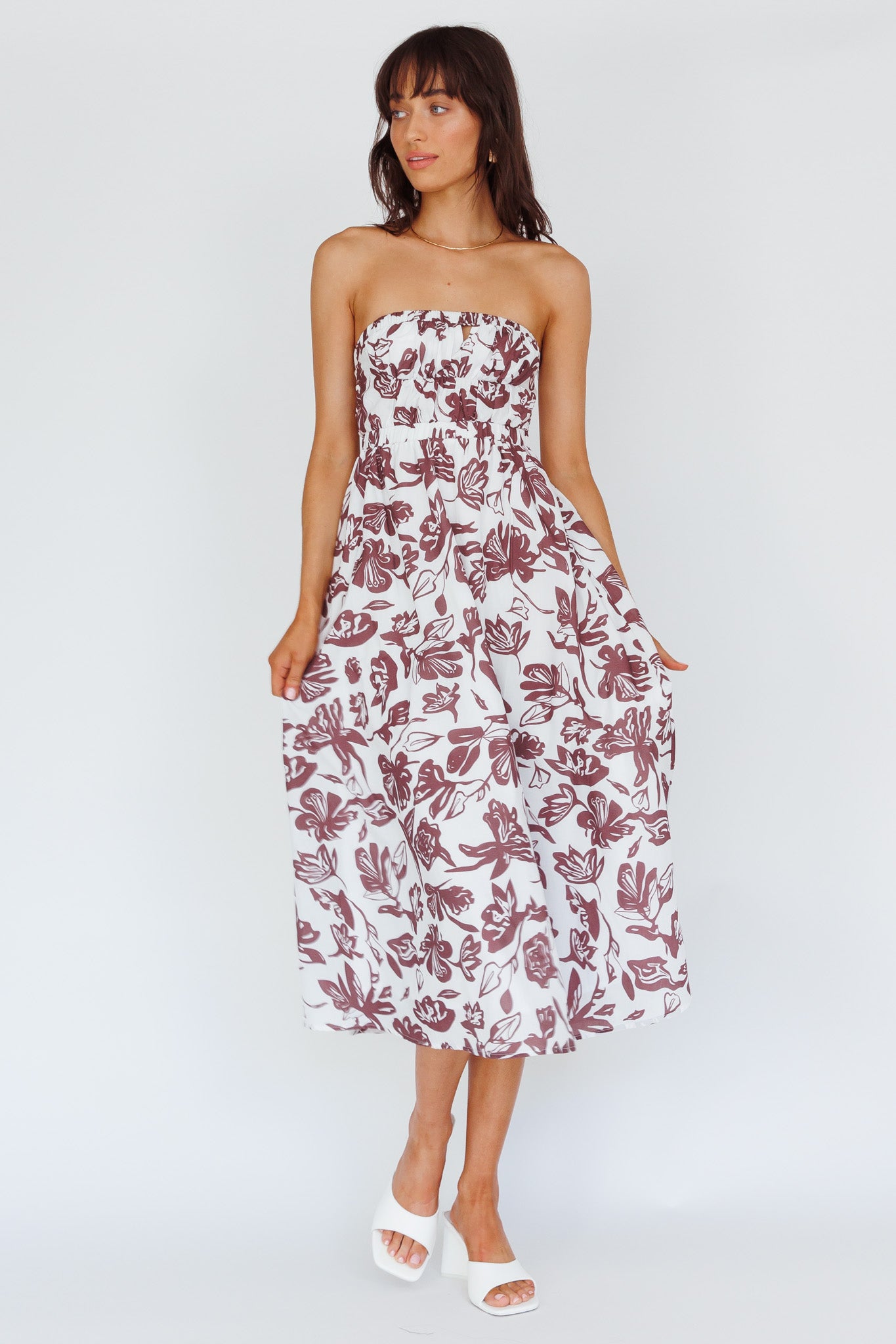 Caloundra Strapless Midi Dress Floral Walnut-Maymioy