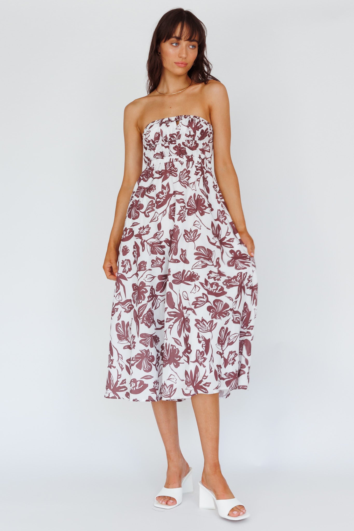 Caloundra Strapless Midi Dress Floral Walnut-Maymioy