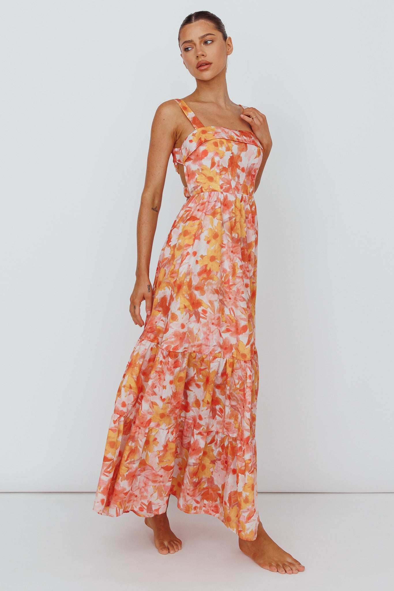 Lisseth Foldover Neckline Midi Dress Floral Red-Maymioy