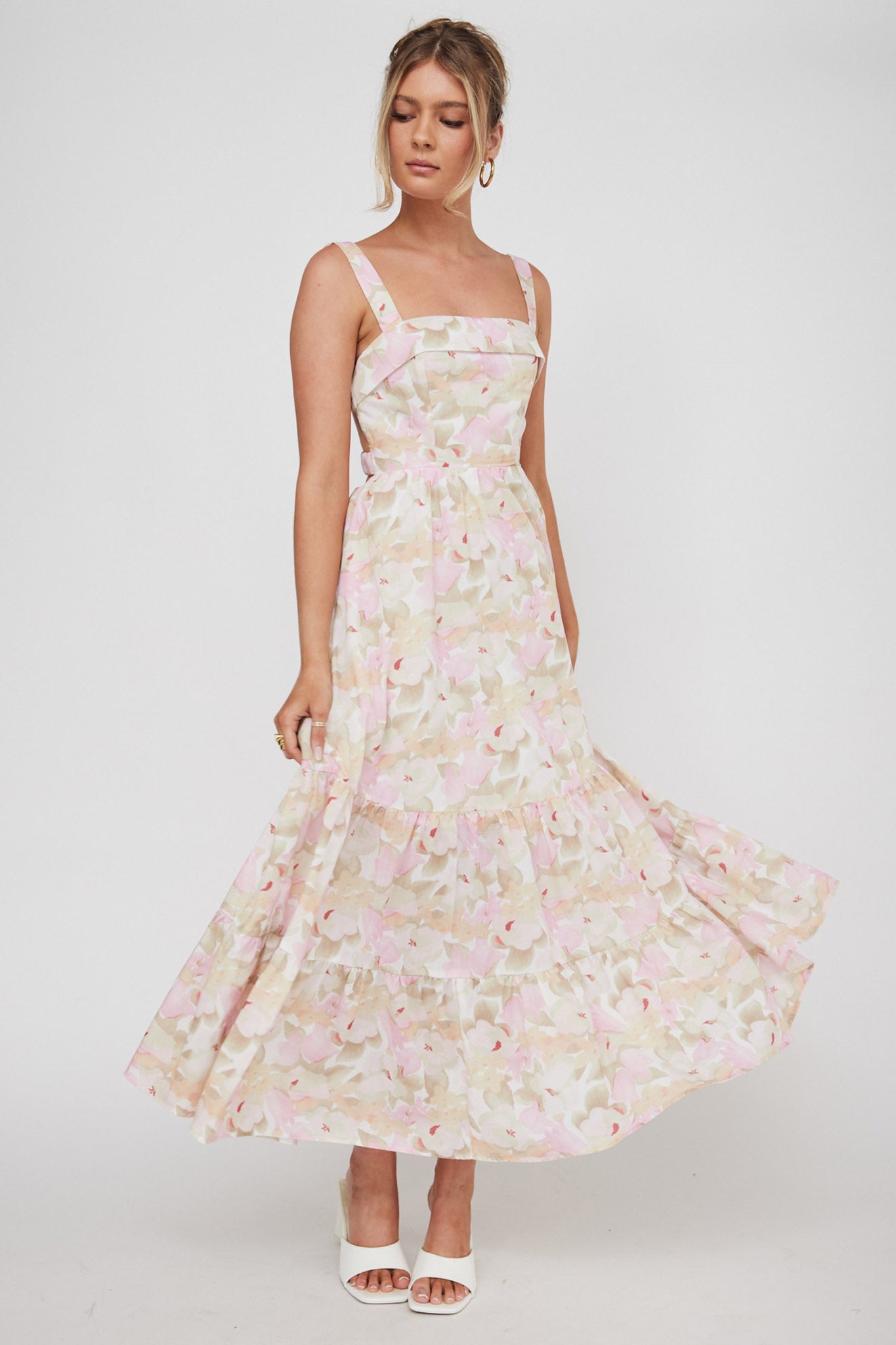 Lisseth Foldover Neckline Midi Dress Floral Pink-Maymioy